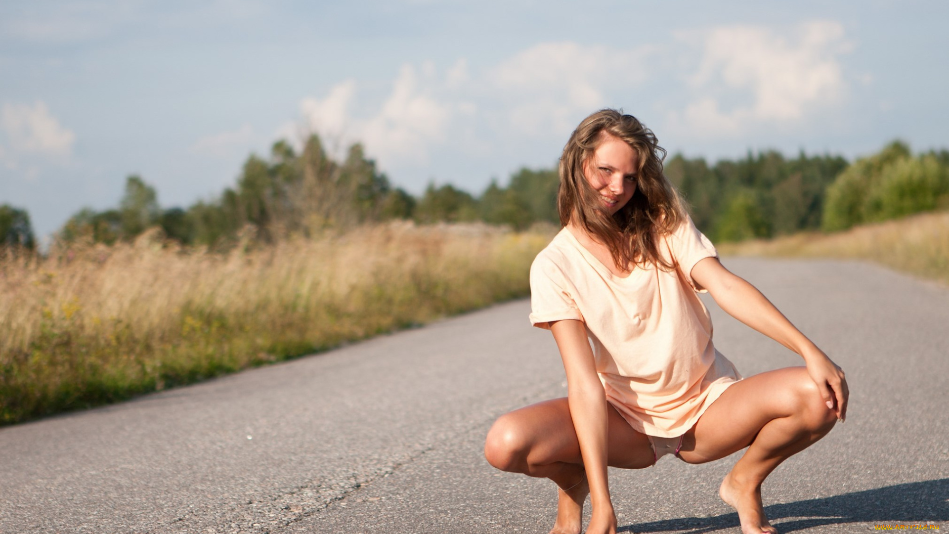 девушки, -, брюнетки, , шатенки, шатенка, платье, трусики, дорога, шоссе, поля