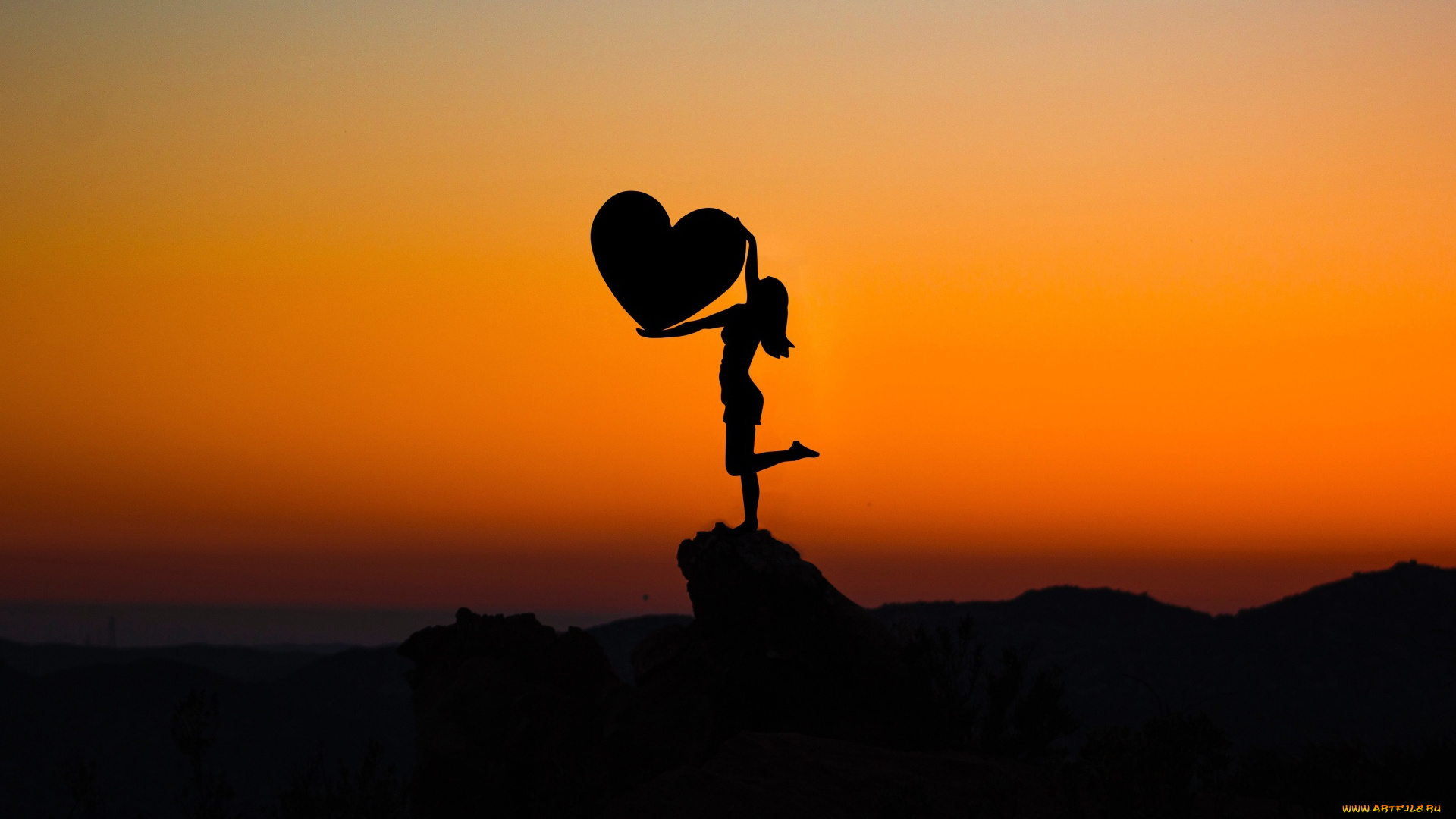 девушки, -, креатив, , косплей, закат, силуэт, сердце