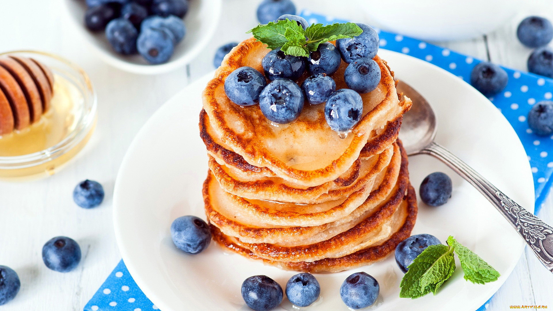 еда, блины, , оладьи, оладьи, мед, черника