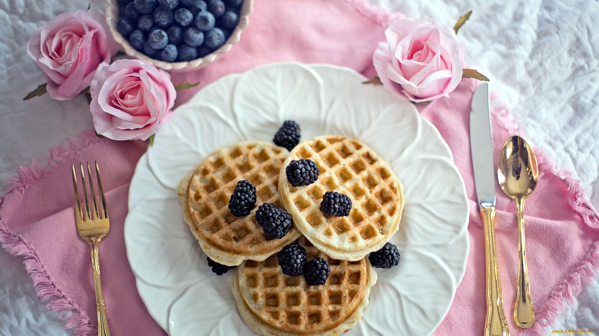 еда, блины, , оладьи, вафли, розы, черника, ежевика