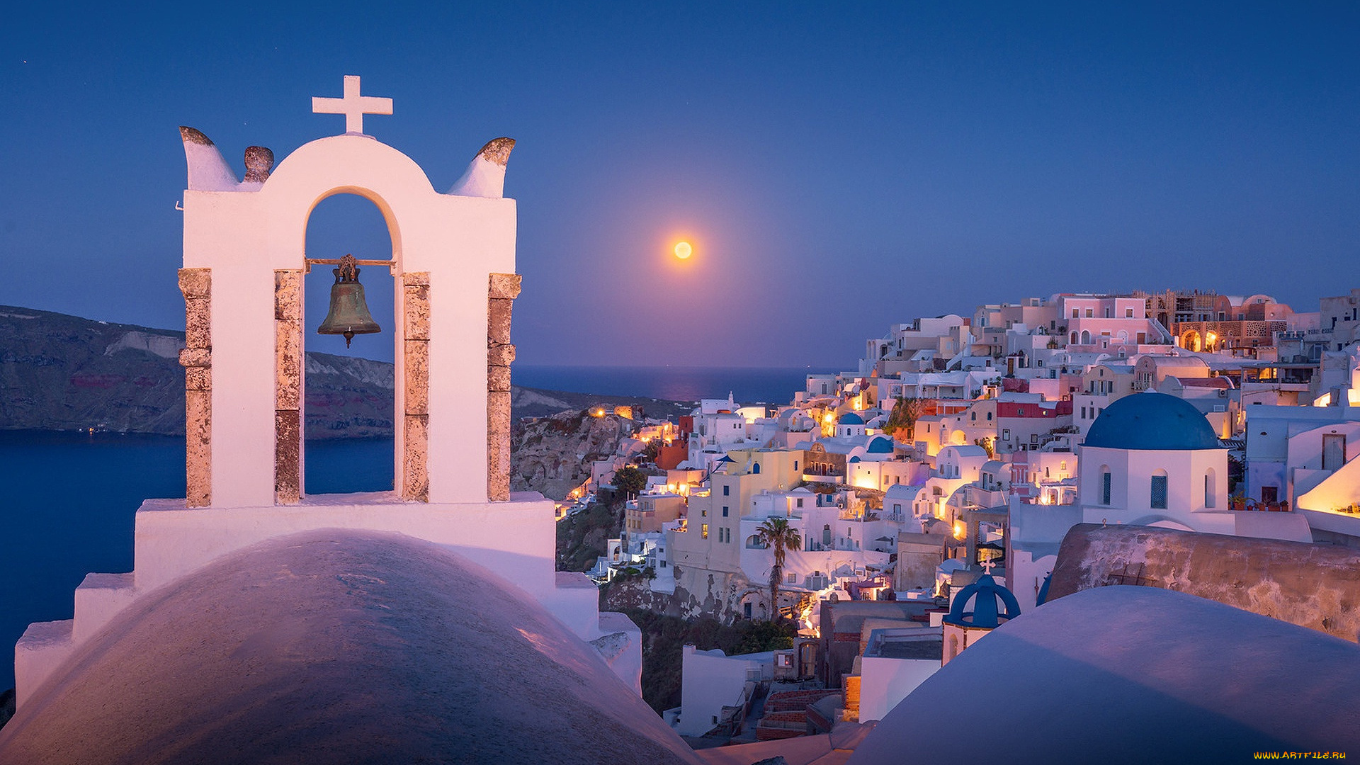 города, санторини, , греция, луна, ночь, огни, панорама, колокол