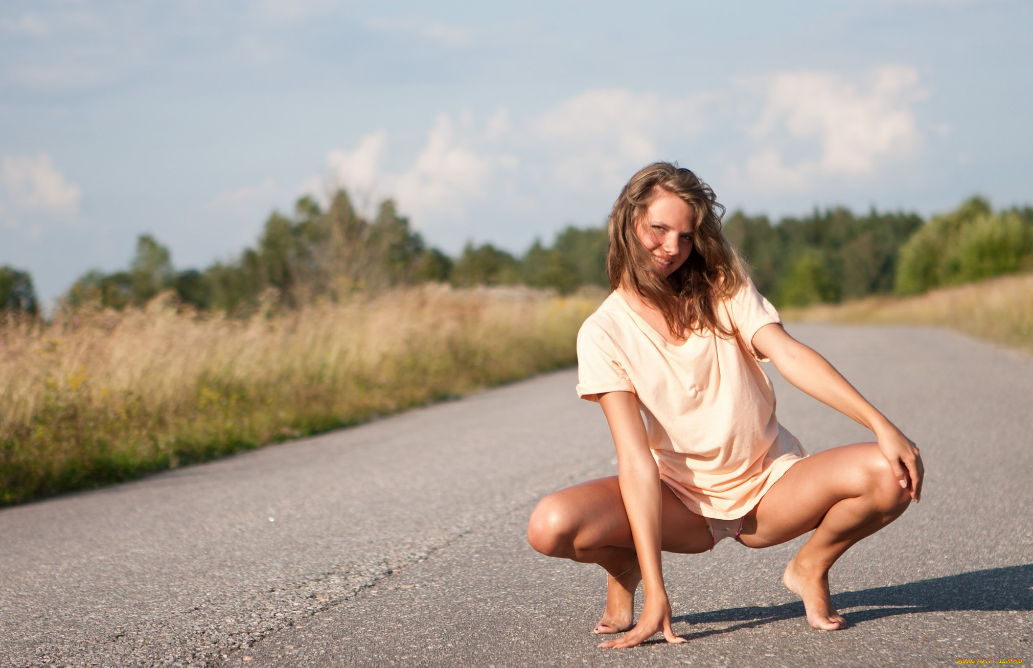 девушки, -, брюнетки, , шатенки, шатенка, платье, трусики, дорога, шоссе, поля
