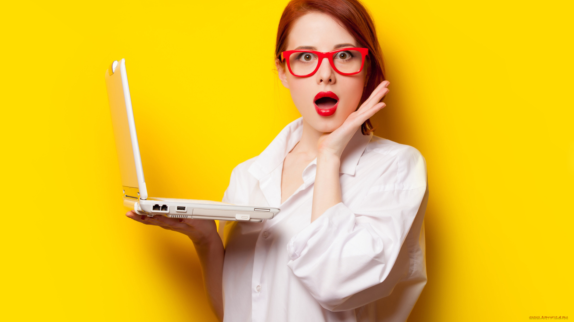 девушки, -, рыжеволосые, и, разноцветные, ноутбук, очки, жест