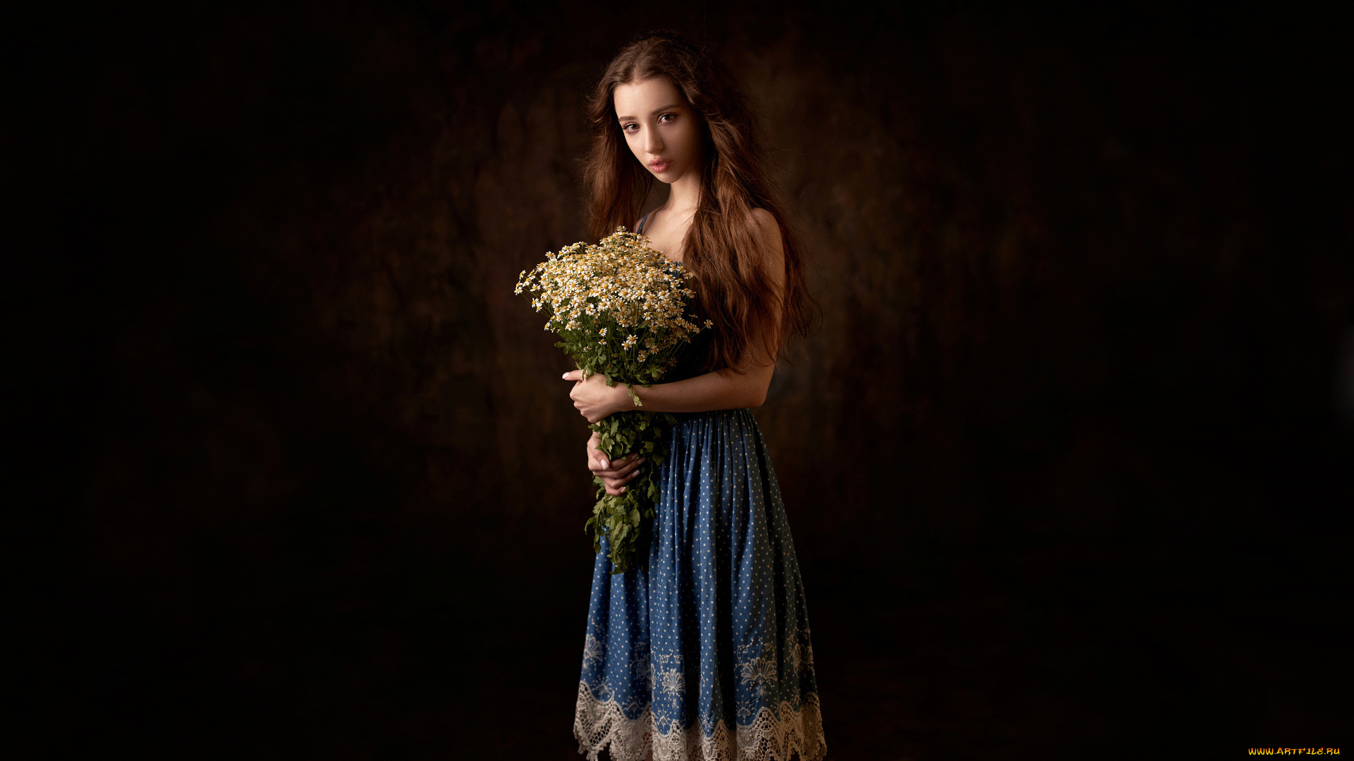 девушки, -, рыжеволосые, и, разноцветные, платье, букет, ромашки