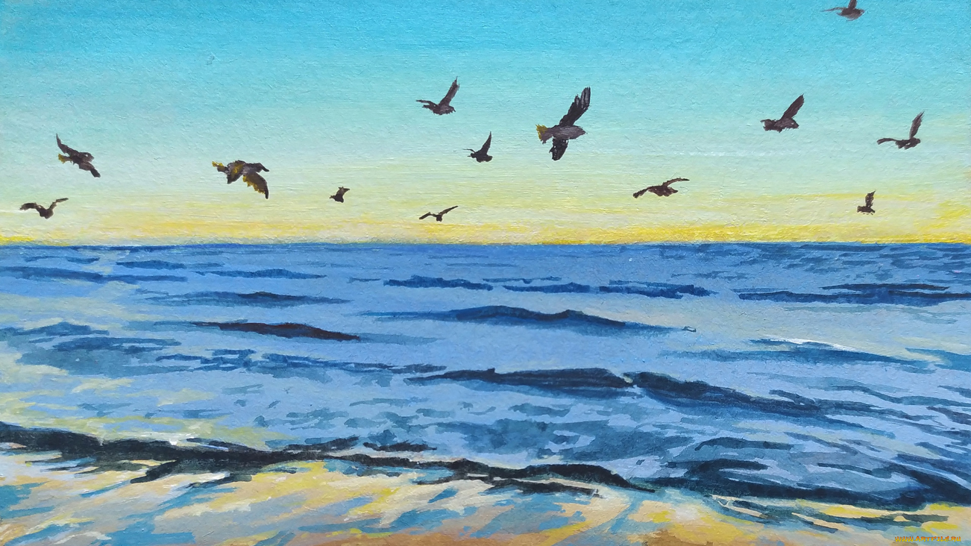 рисованное, живопись, море, птицы