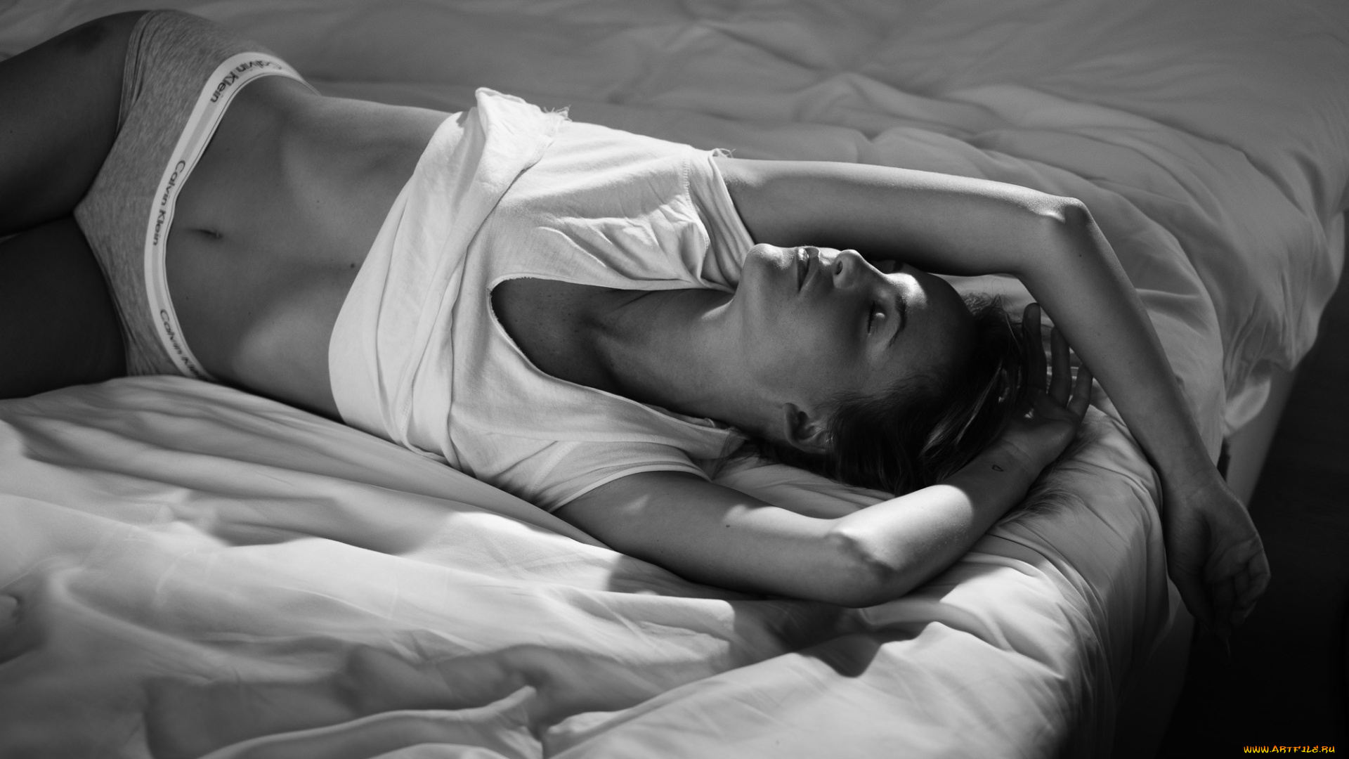 девушки, -, черно-белые, топ, трусики, постель