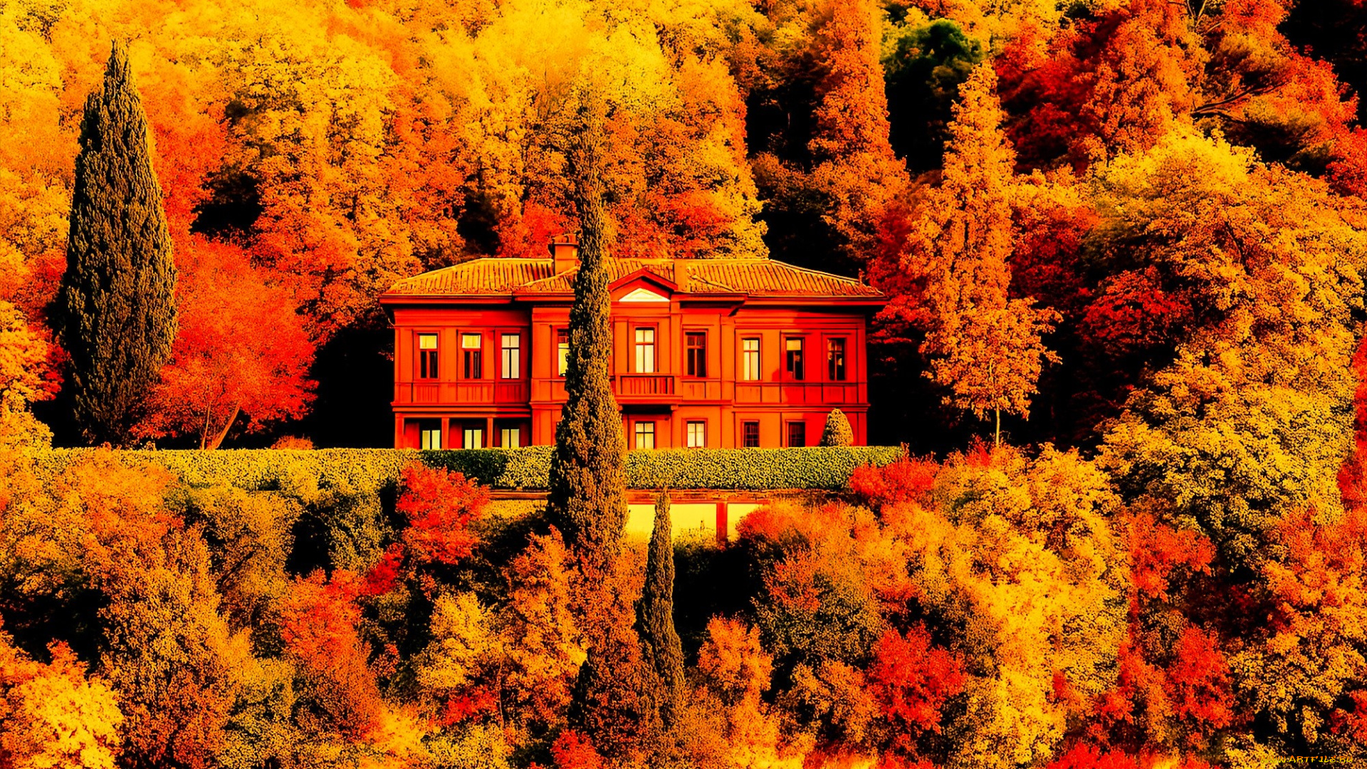 3д, графика, архитектура, , architecture, дом, особняк, лес, деревья, осень