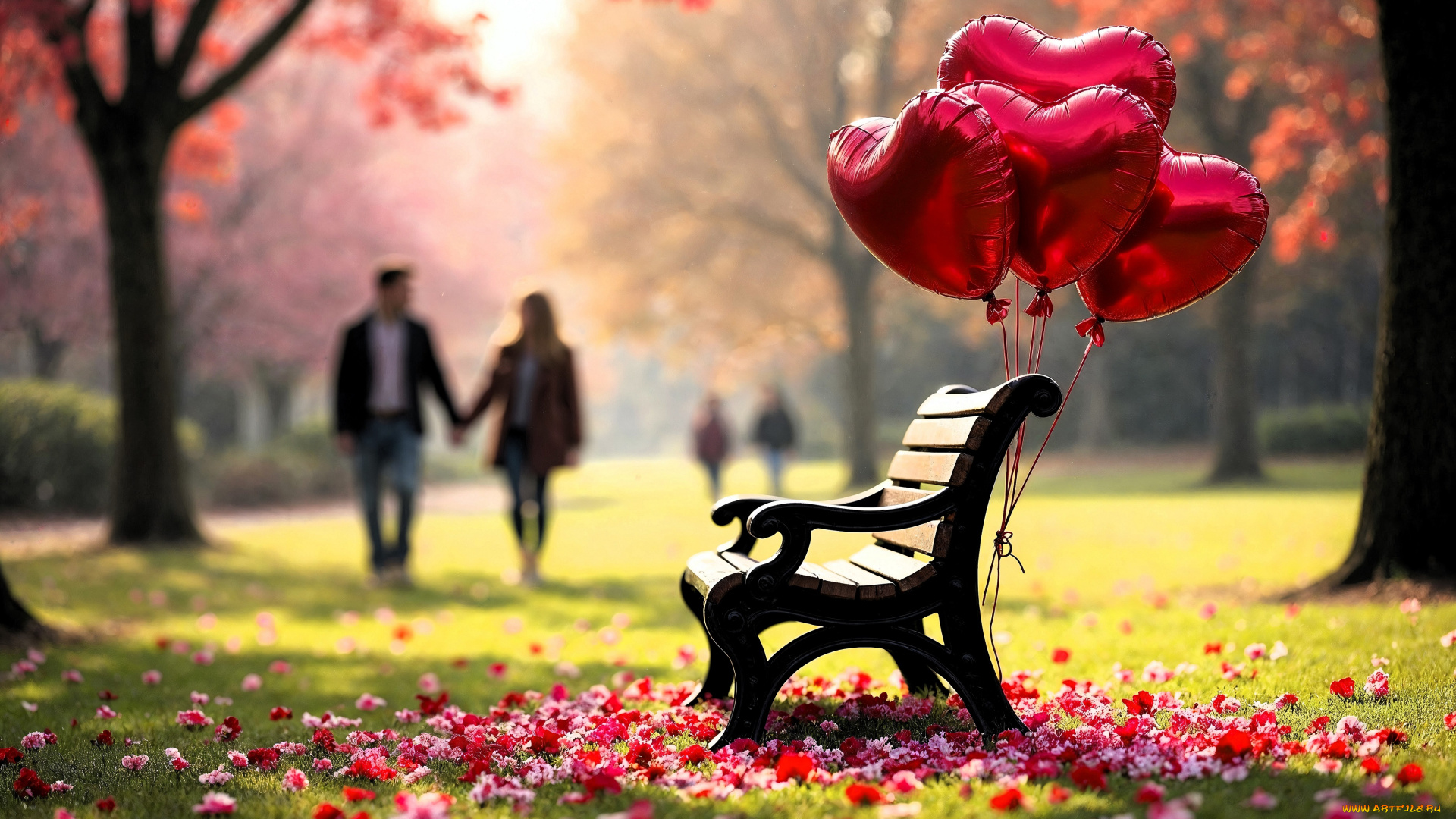 3д, графика, праздники, , holidays, парк, люди, деревья, скамейка, шарики