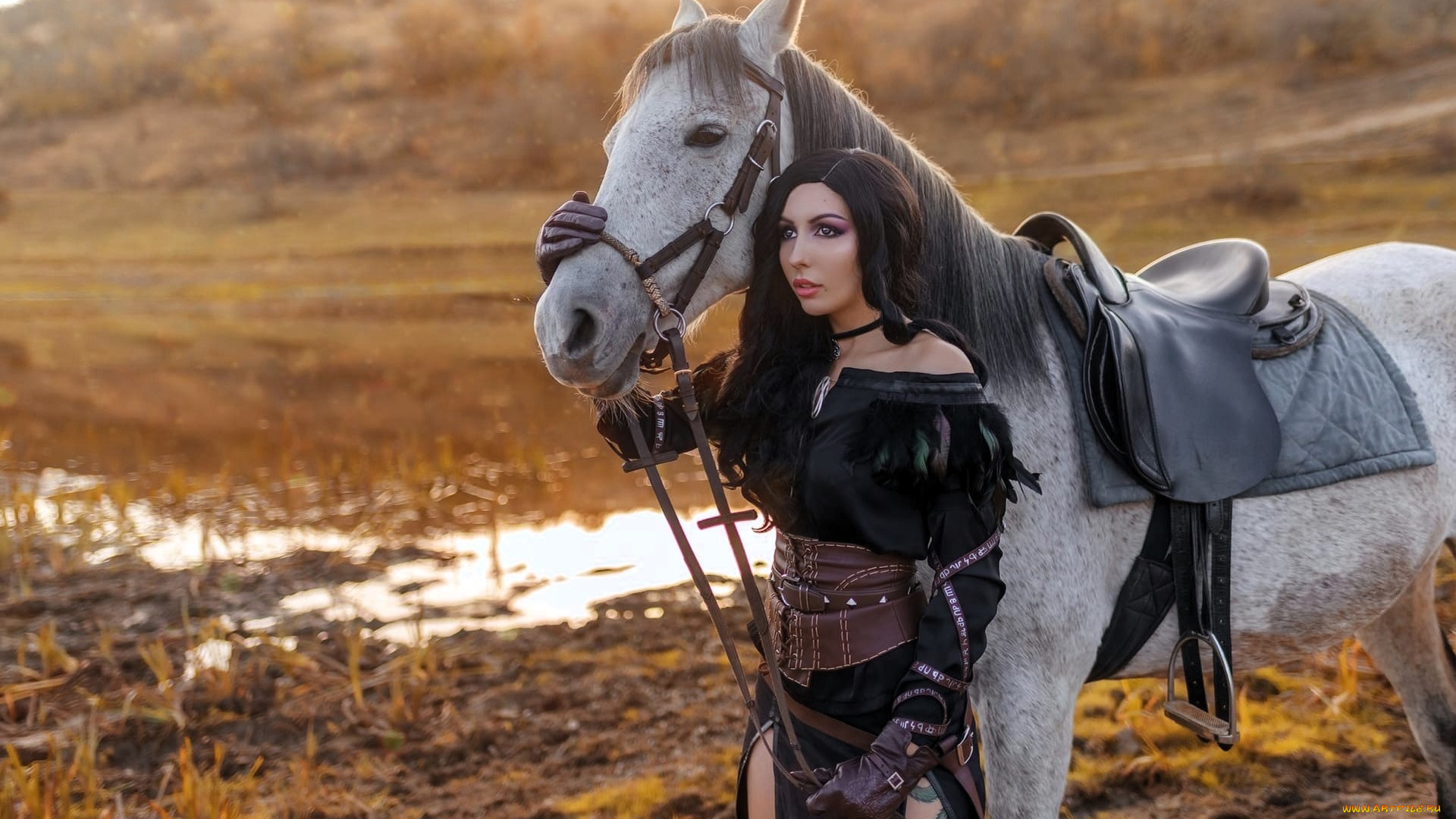 девушки, ольга, кожевникова, , lady, bell, образ, косплей, наряд, костюм, лужа, лошадь, ведьма, осень