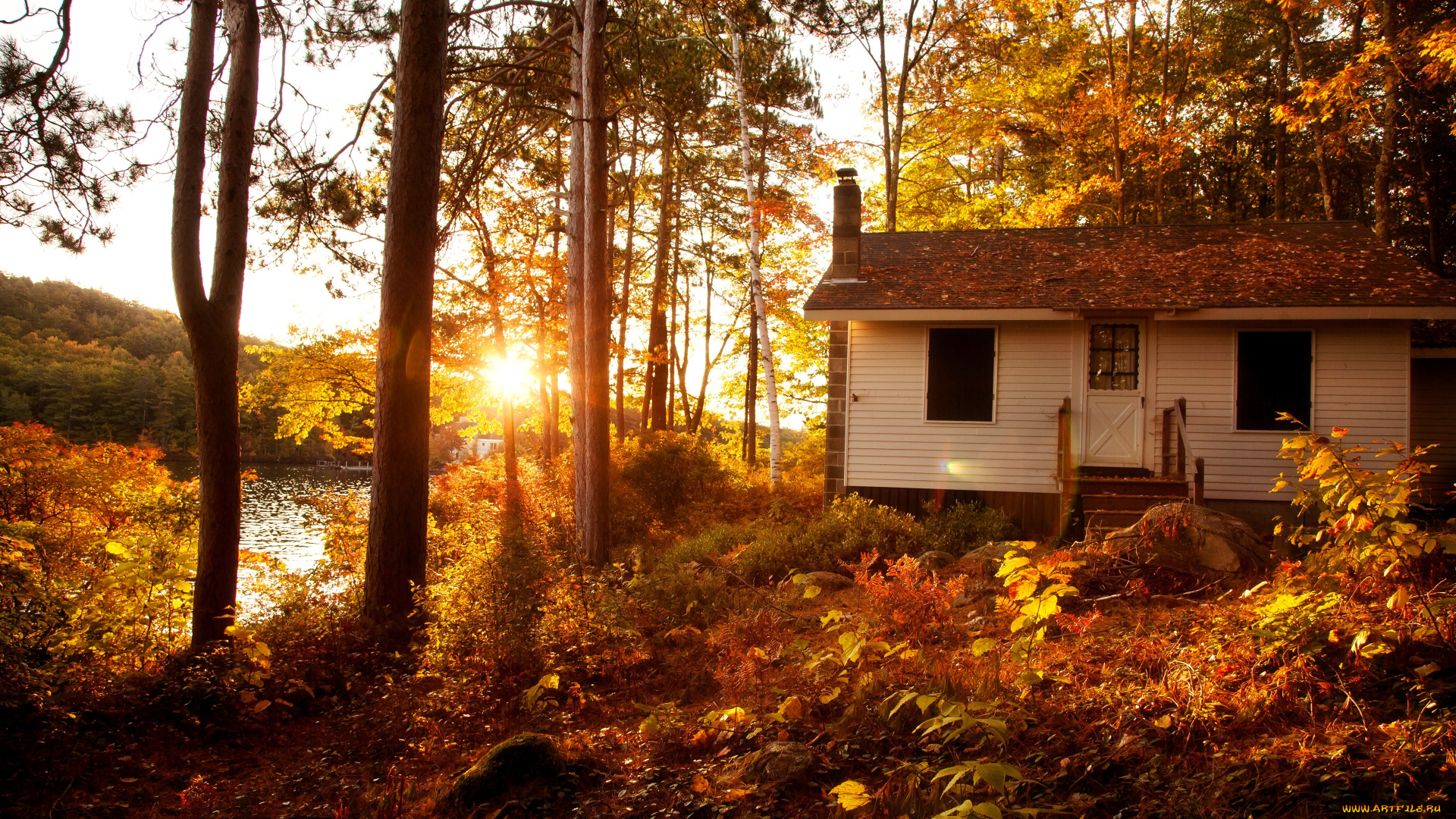 города, -, здания, , дома, дом, лес, осень, река