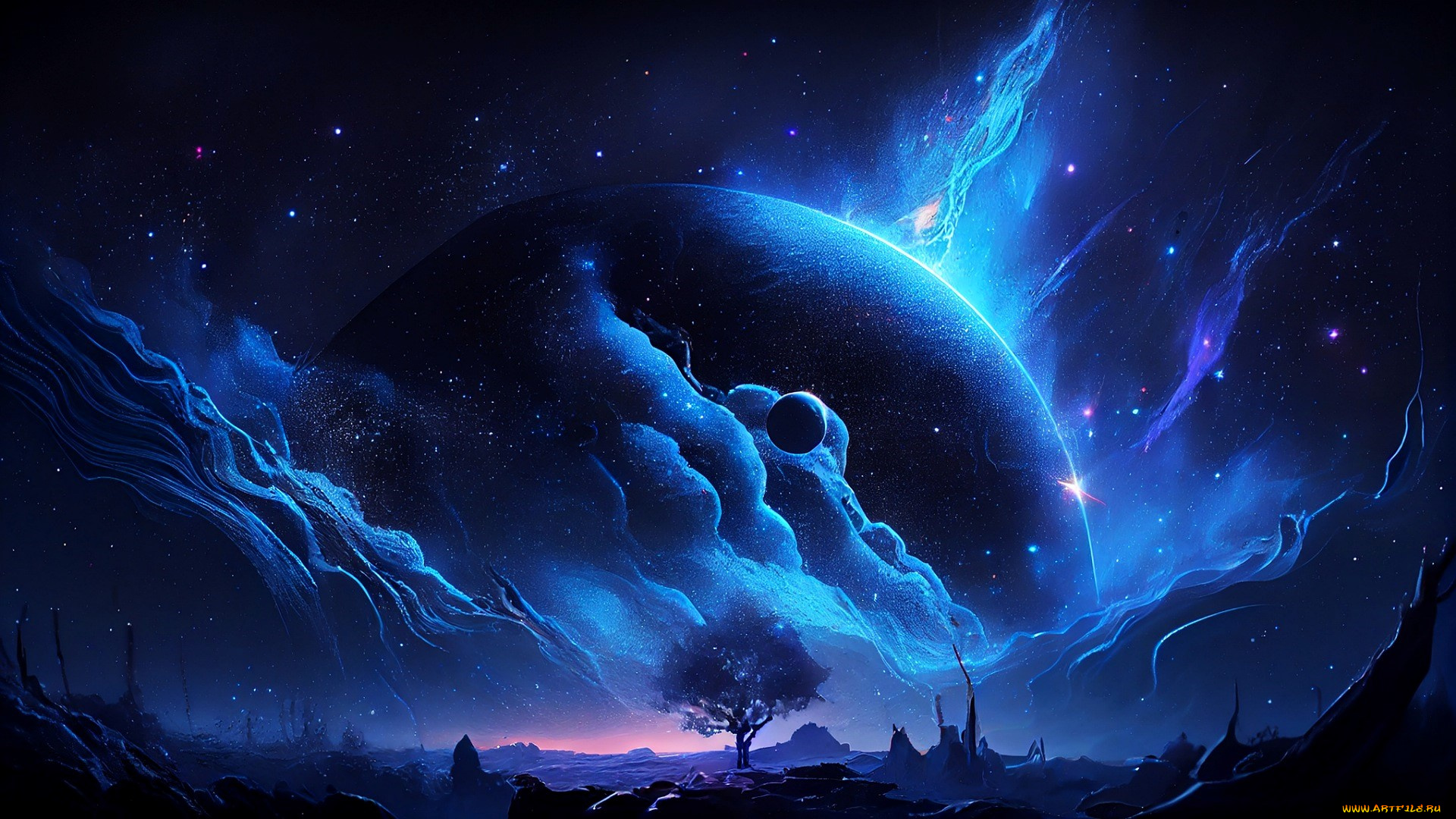 космос, арт, планеты, туманность, звезды, поверхность, дерево