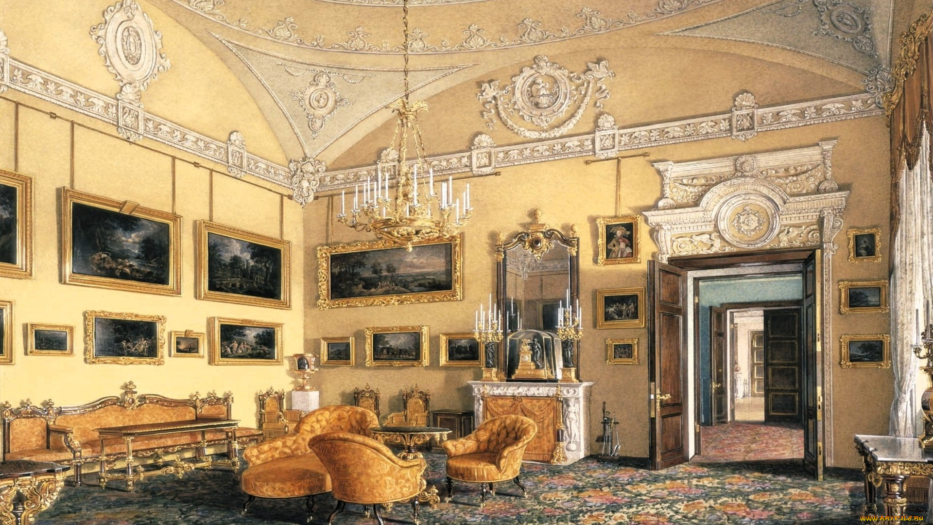 рисованное, эдуард, гау, дворец, интерьер, комната, лепнина, люстра, ковер, картины, кресла, диваны