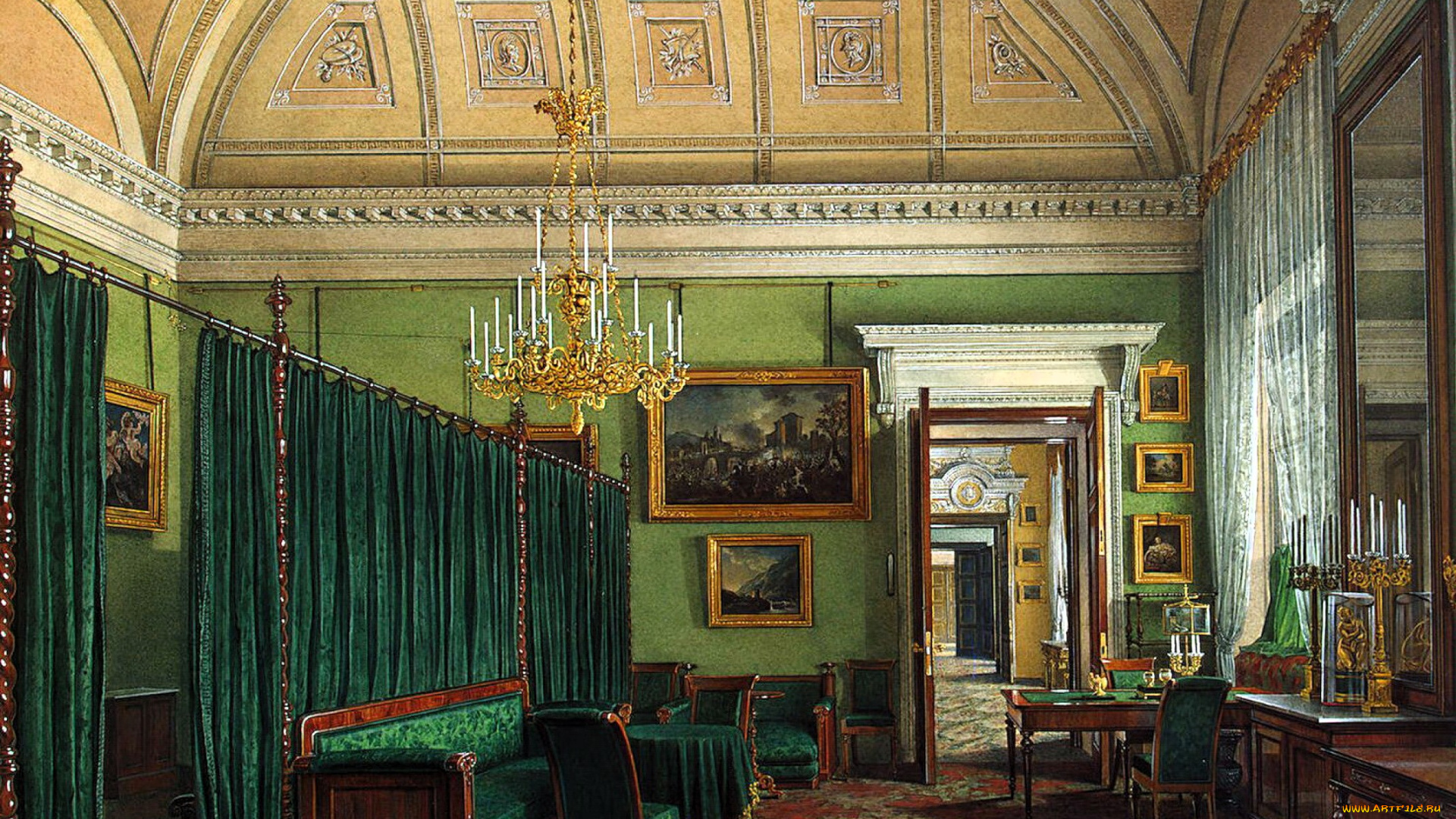 рисованное, эдуард, гау, дворец, интерьер, комната, лепнина, люстра, шторы, диван, стулья, стол, картины
