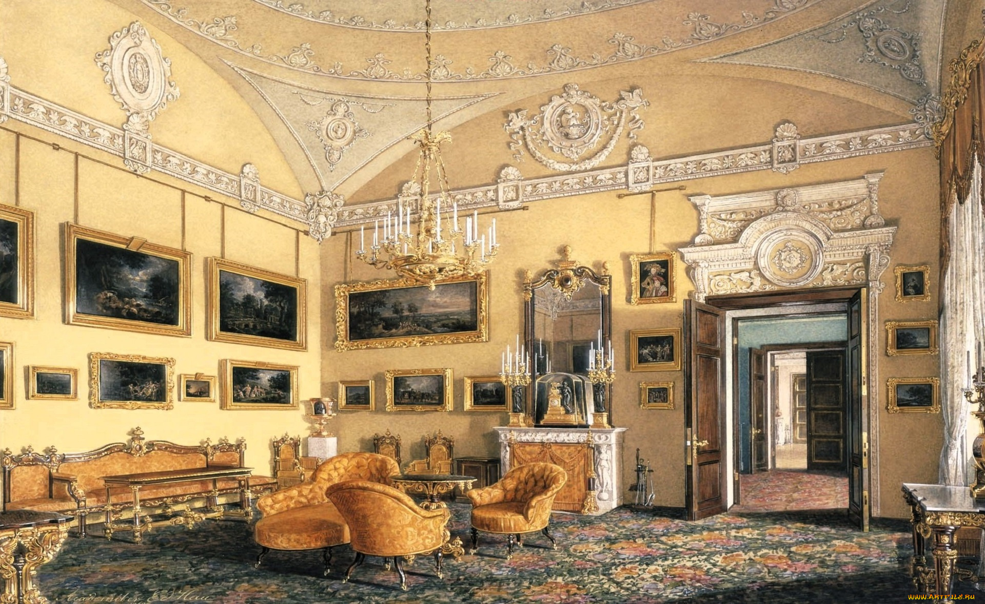 рисованное, эдуард, гау, дворец, интерьер, комната, лепнина, люстра, ковер, картины, кресла, диваны