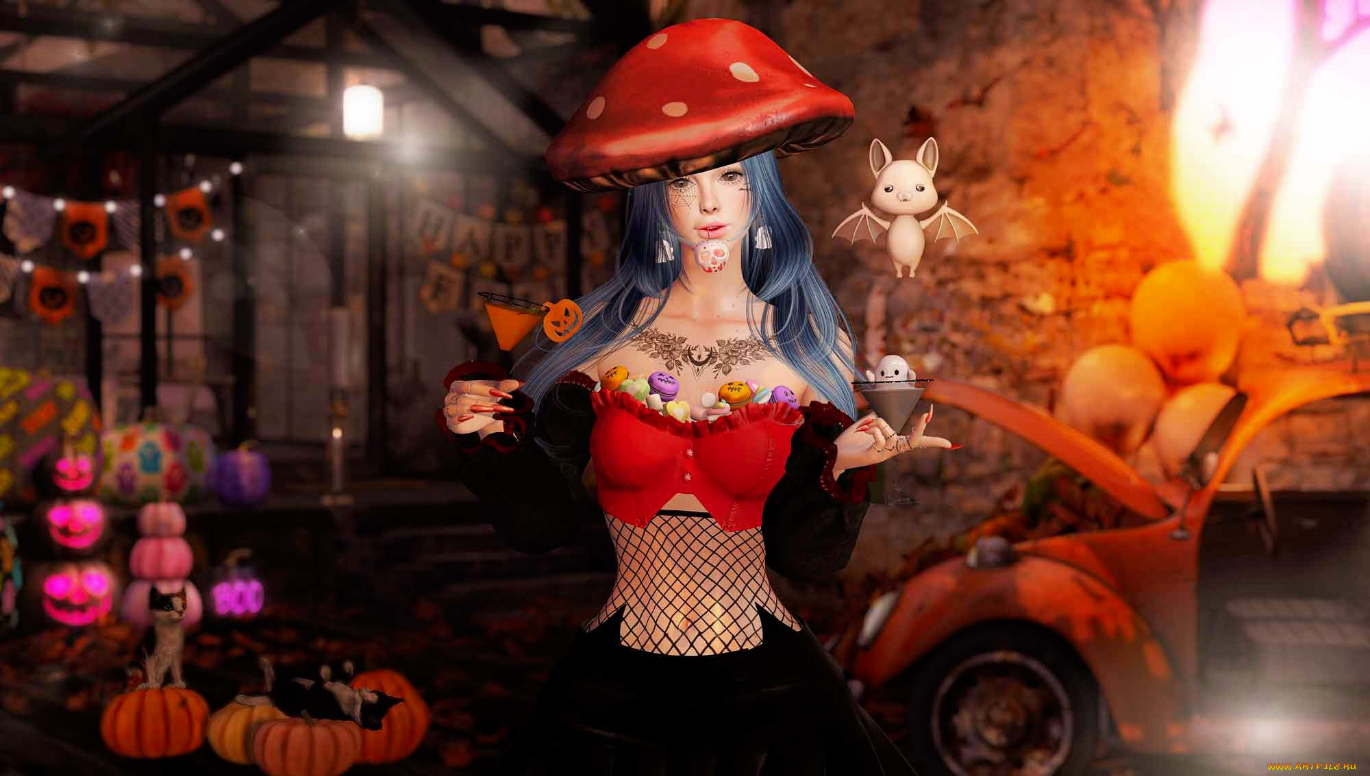 3д, графика, праздники, , holidays, девушка, шляпа, существа, тыквы, кошки, машины