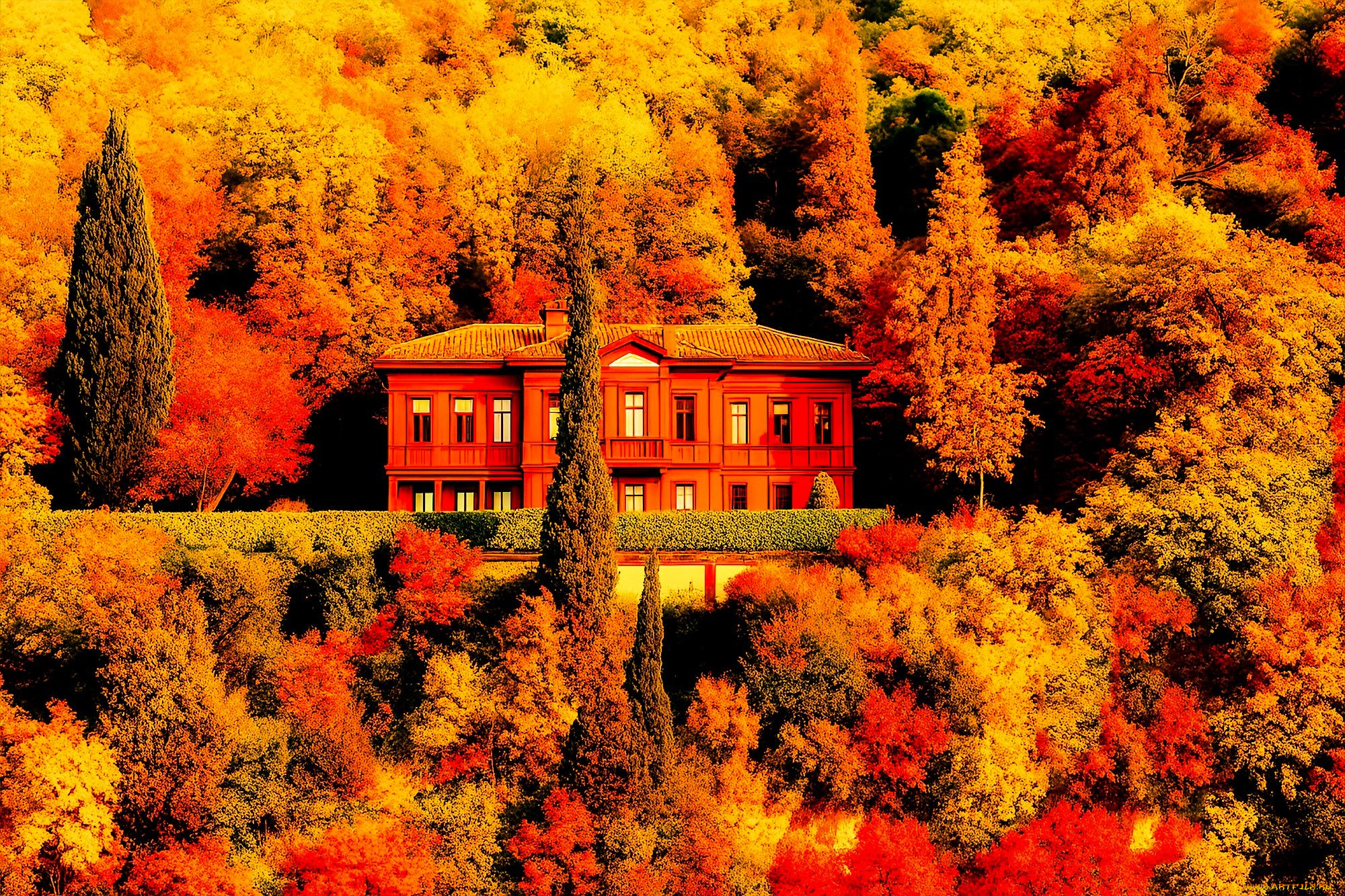 3д, графика, архитектура, , architecture, дом, особняк, лес, деревья, осень