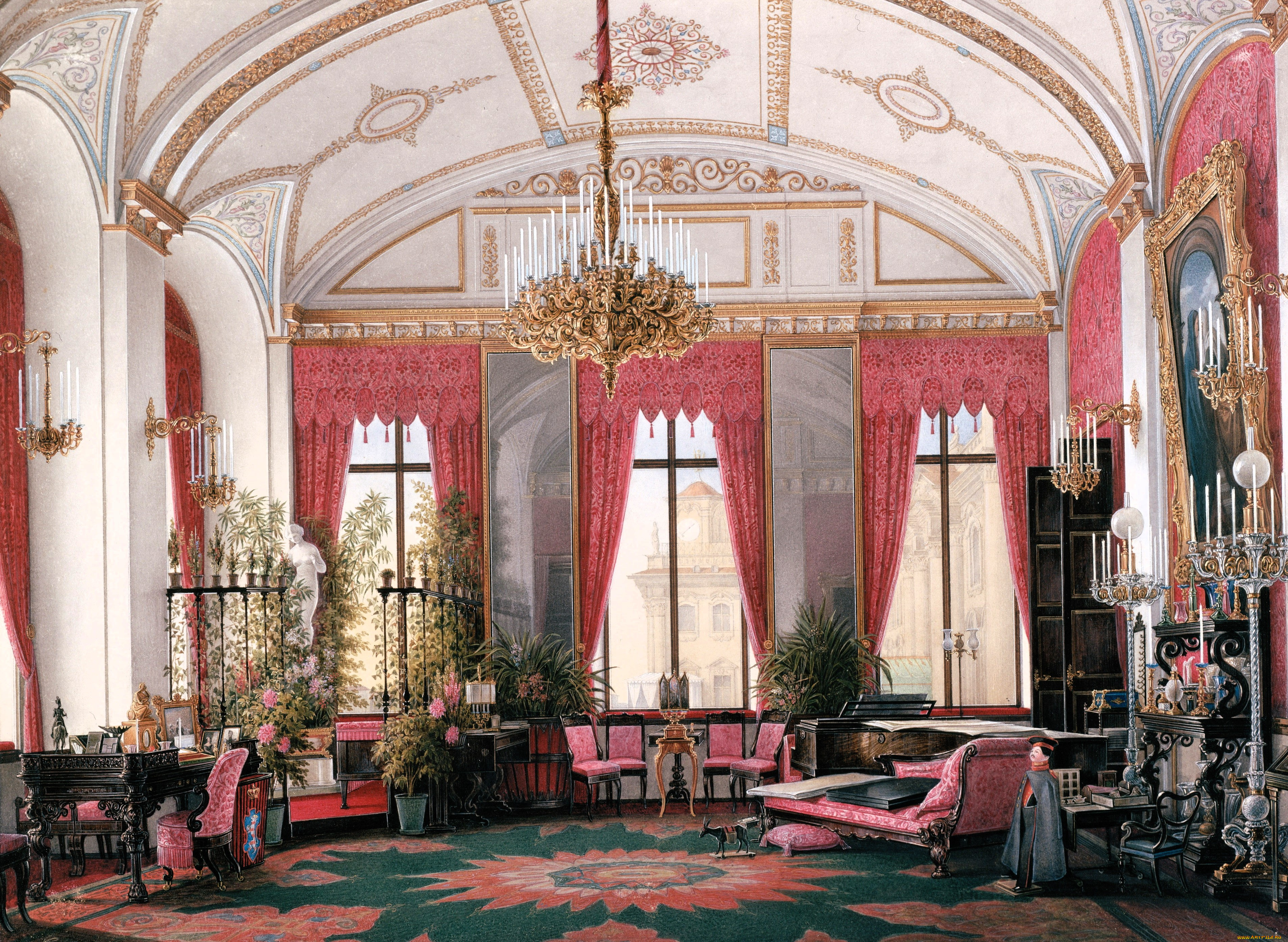 рисованное, эдуард, гау, дворец, интерьер, зал, лепнина, люстра, столы, стулья, окна, свечи