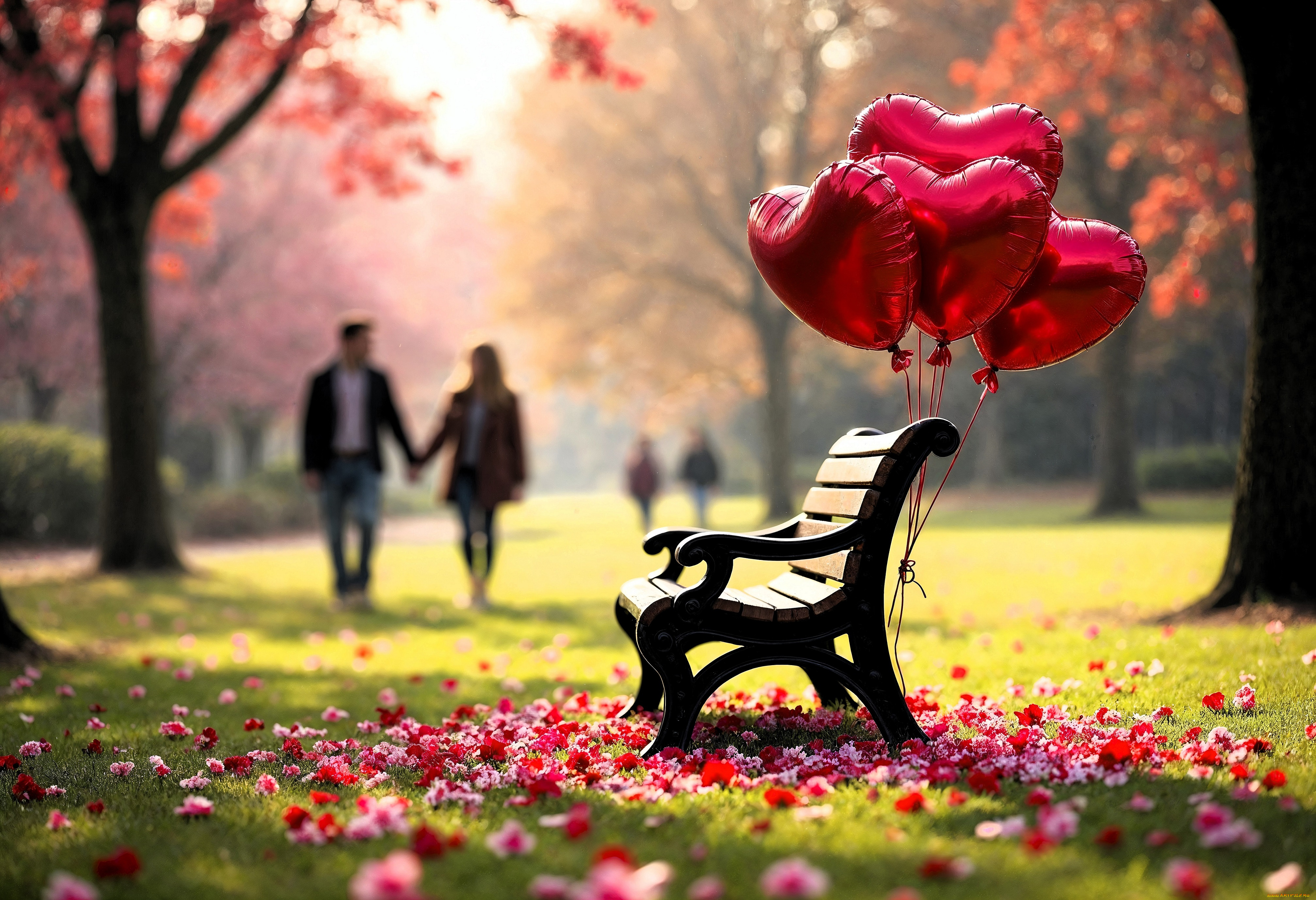 3д, графика, праздники, , holidays, парк, люди, деревья, скамейка, шарики