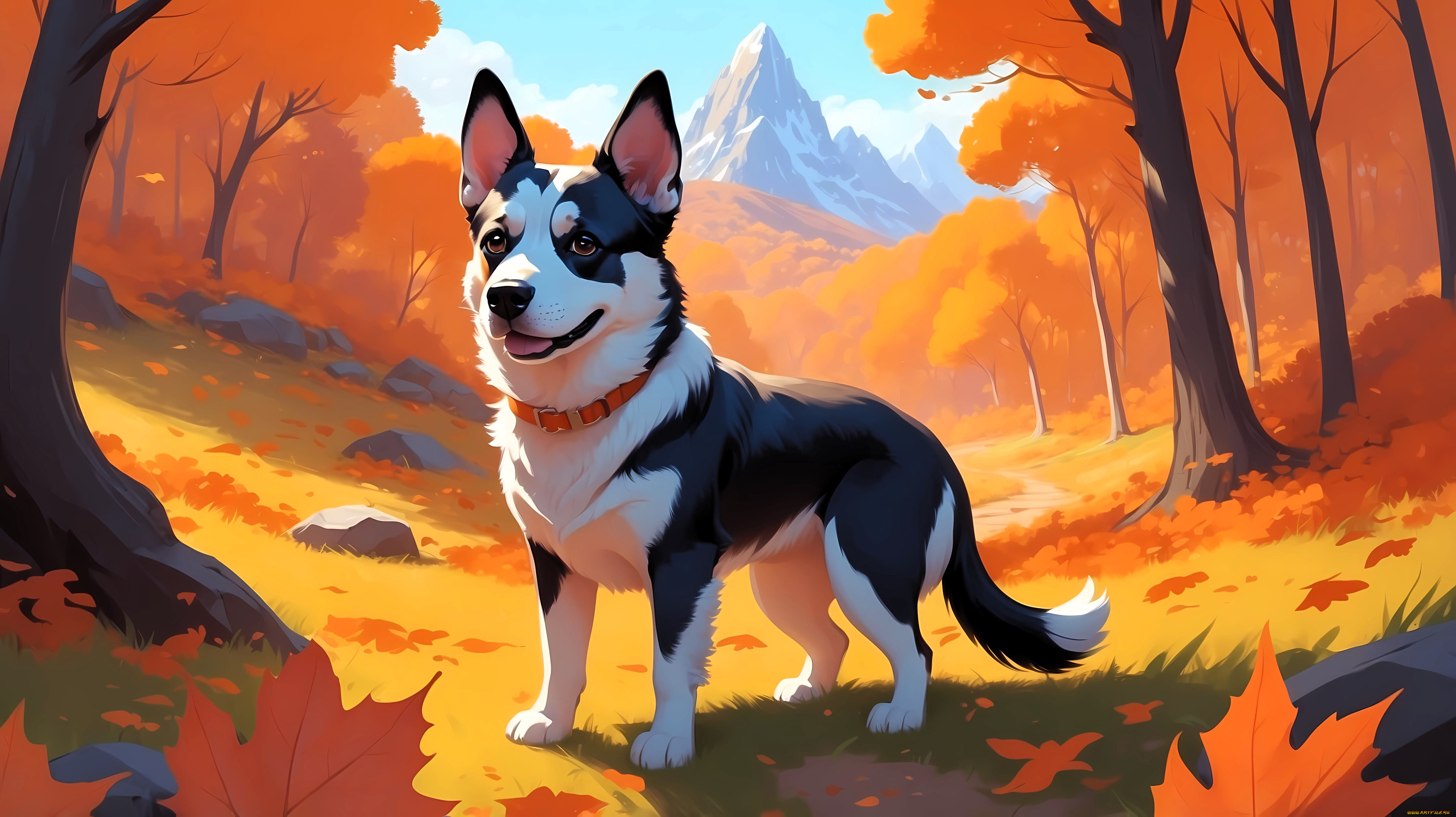 рисованное, животные, , собаки, собака, ошейник, осень, дорожка, деревья, листья, горы, лес