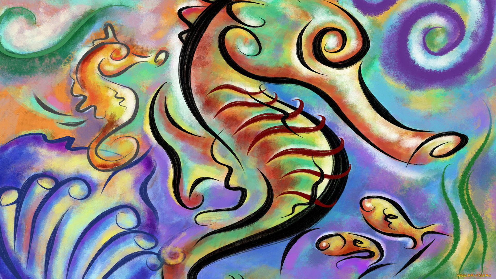 рисованные, животные, морская, фауна