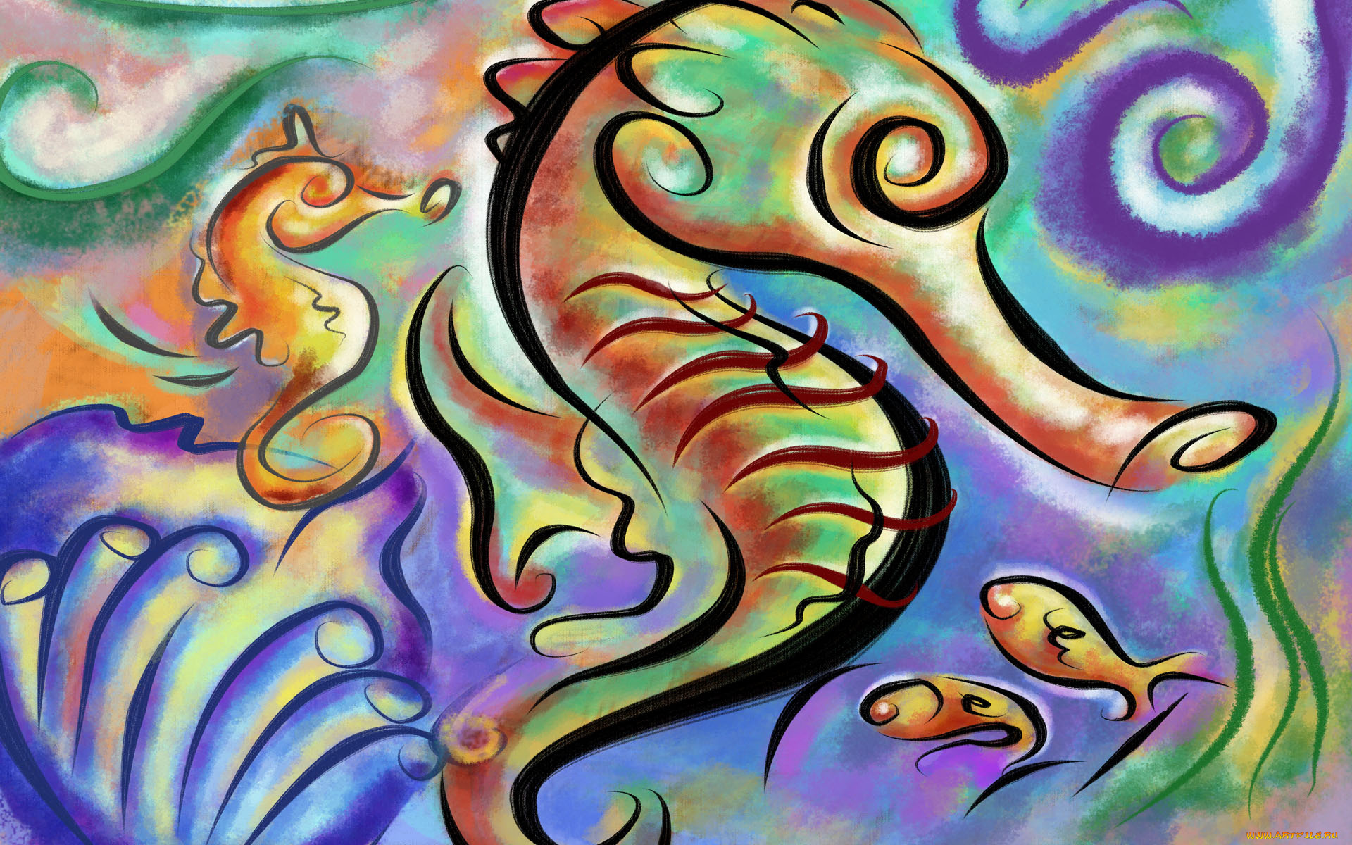 рисованные, животные, морская, фауна