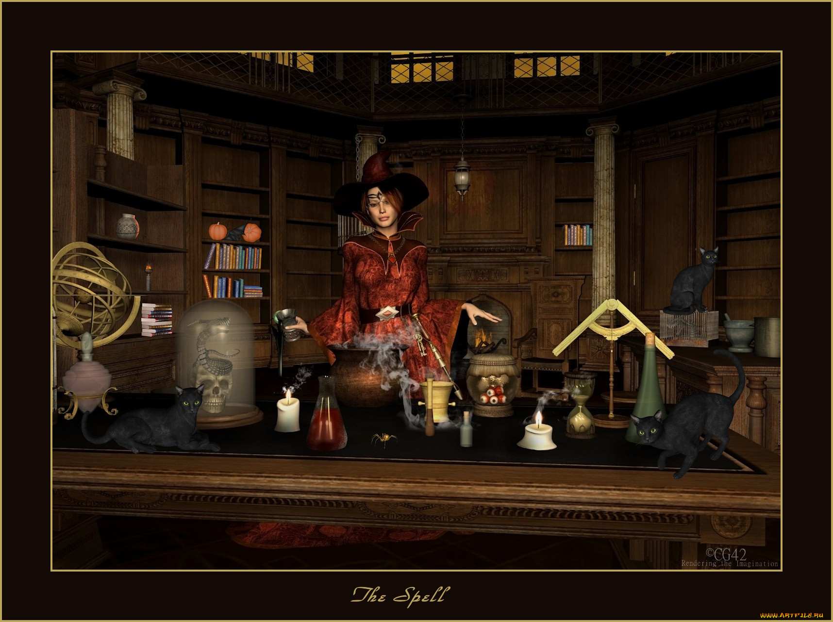 3д, графика, fantasy, фантазия, девушка, кошки, свечи, очаг, магия