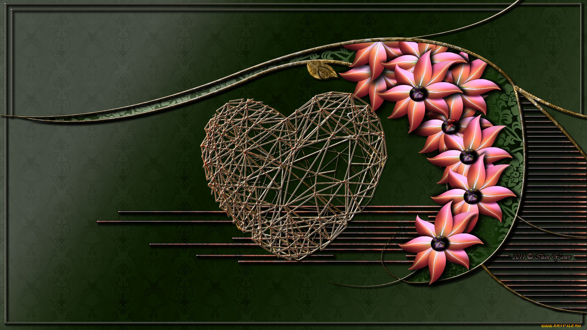 3д, графика, flowers, цветы, узор, тёмный, фон, фрактал