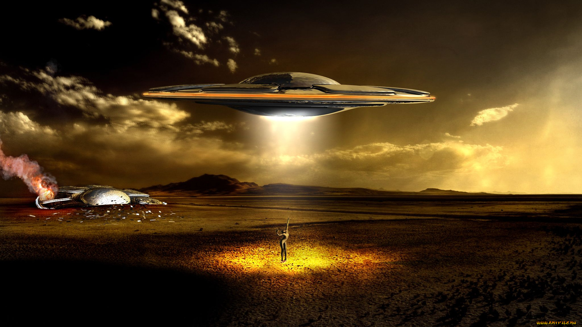 3д, графика, fantasy, фантазия, фигура, крушение, летающая, тарелка, нло
