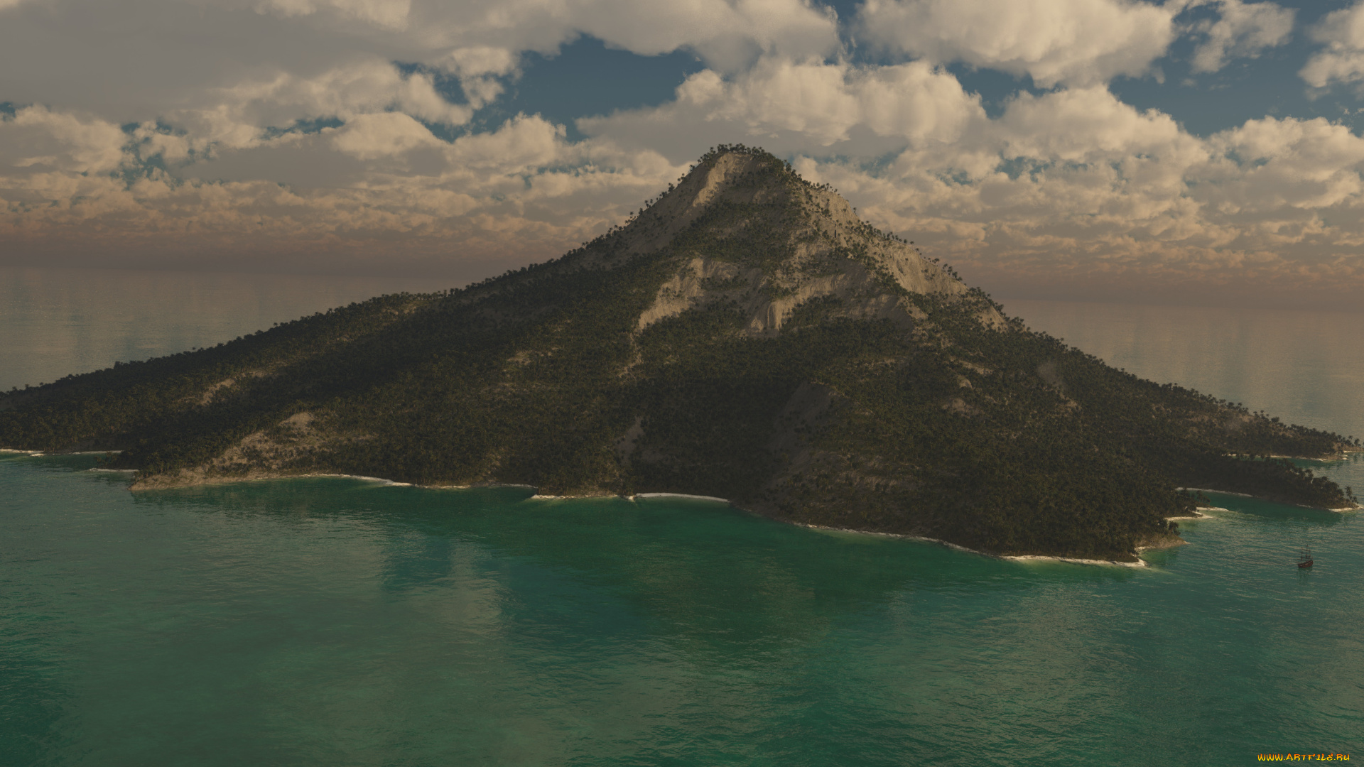 3д, графика, nature, landscape, природа, остров, гора, море, пейзаж, пальмы, небо