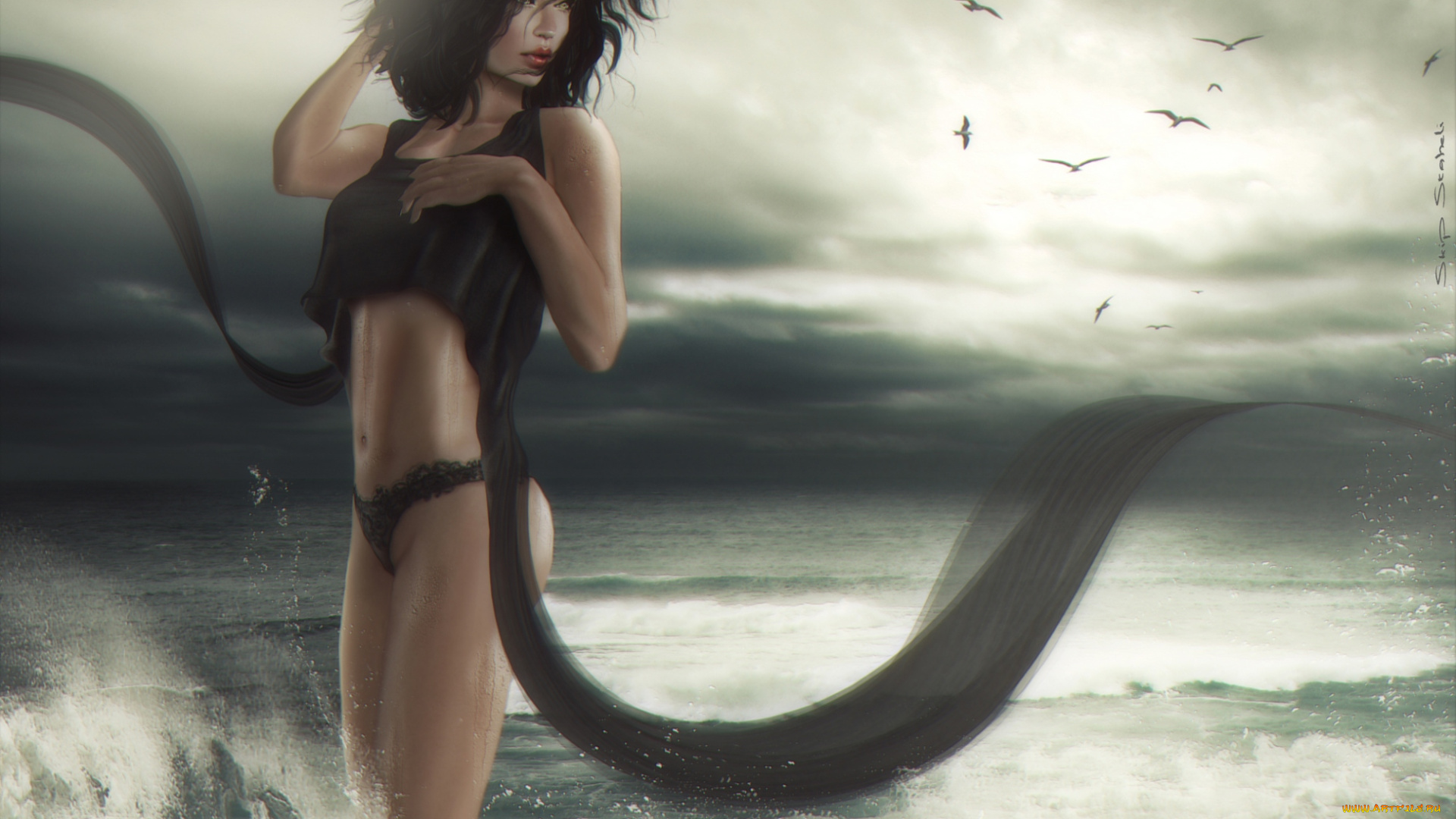 3д, графика, people, люди, море, девушка, птицы