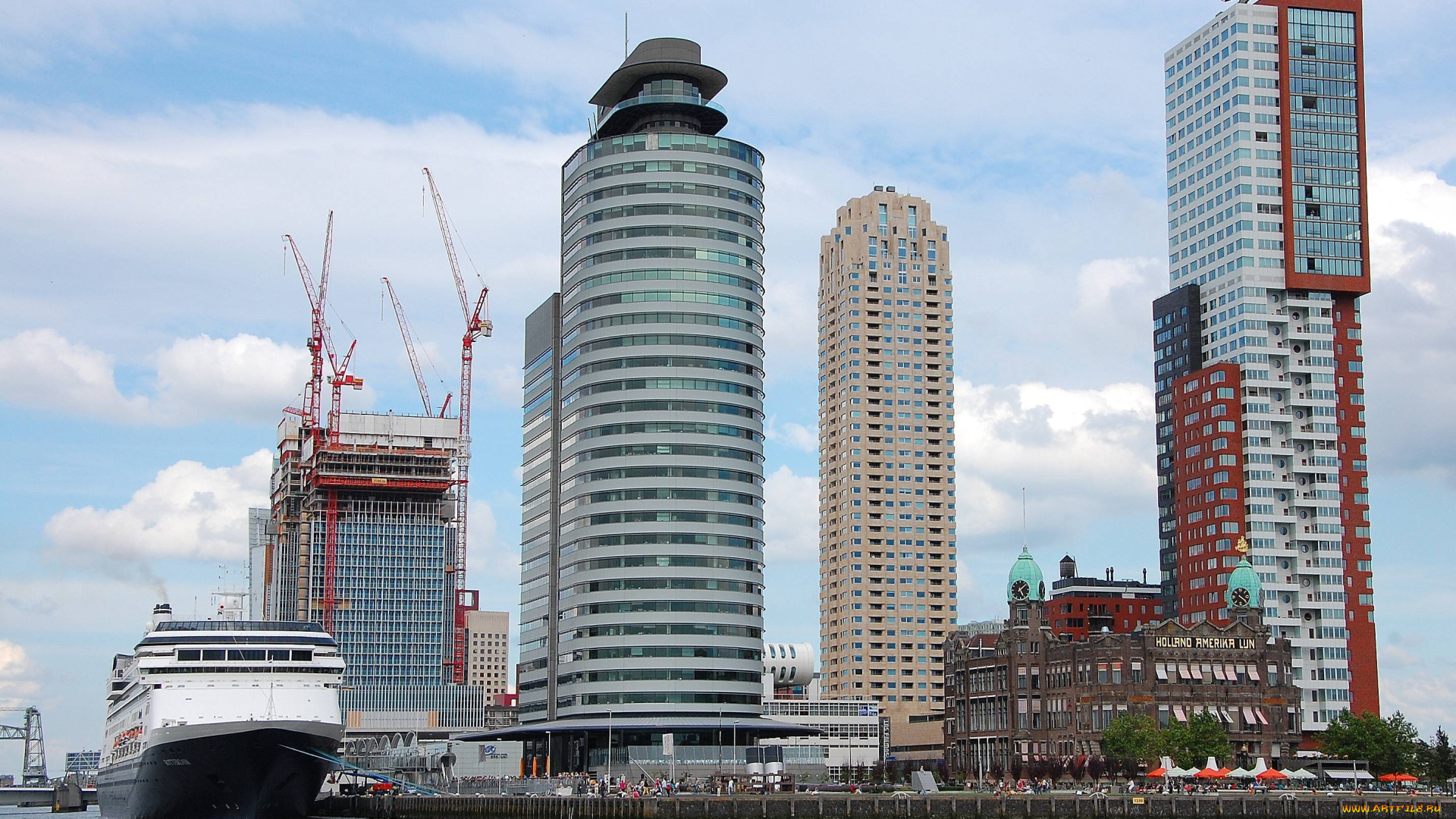 города, панорамы, ship, port, стройка, высотки, дома, набережная, boat, лайнер, люди, катер, rotterdam, liner