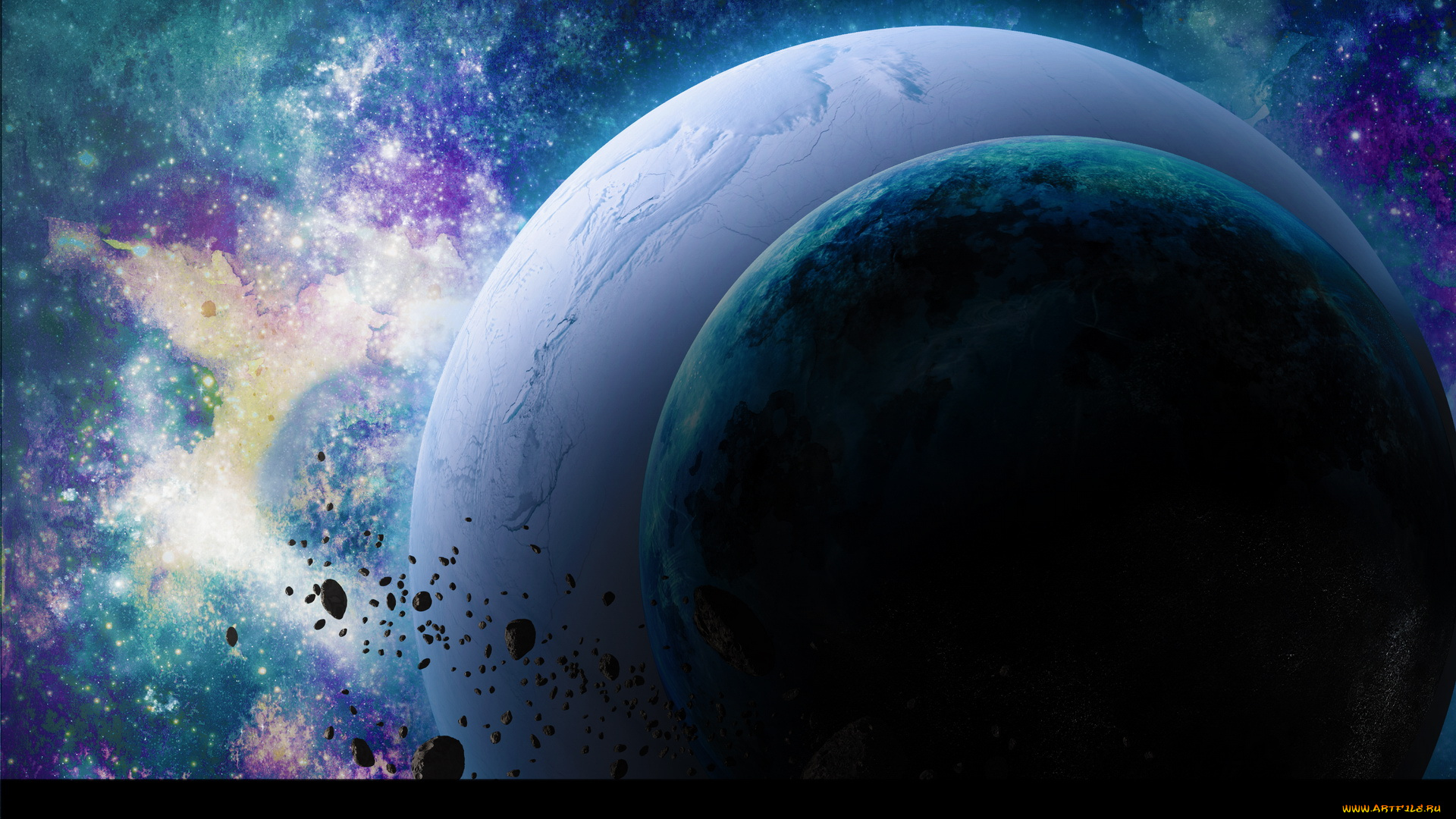 космос, арт, планеты, астероиды