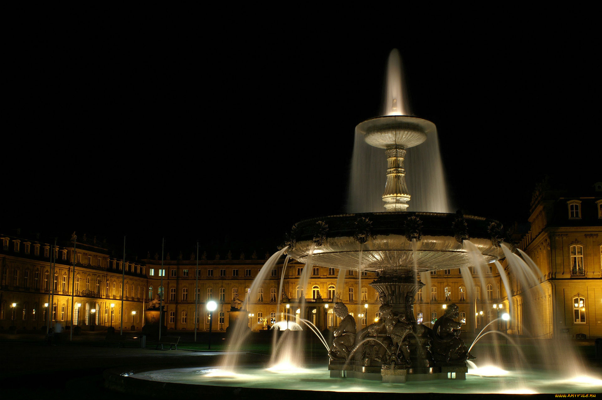 stuttgart, schlossplatz, nacht, города, фонтаны, ночь, фонтан, площадь, германия, штутгагд