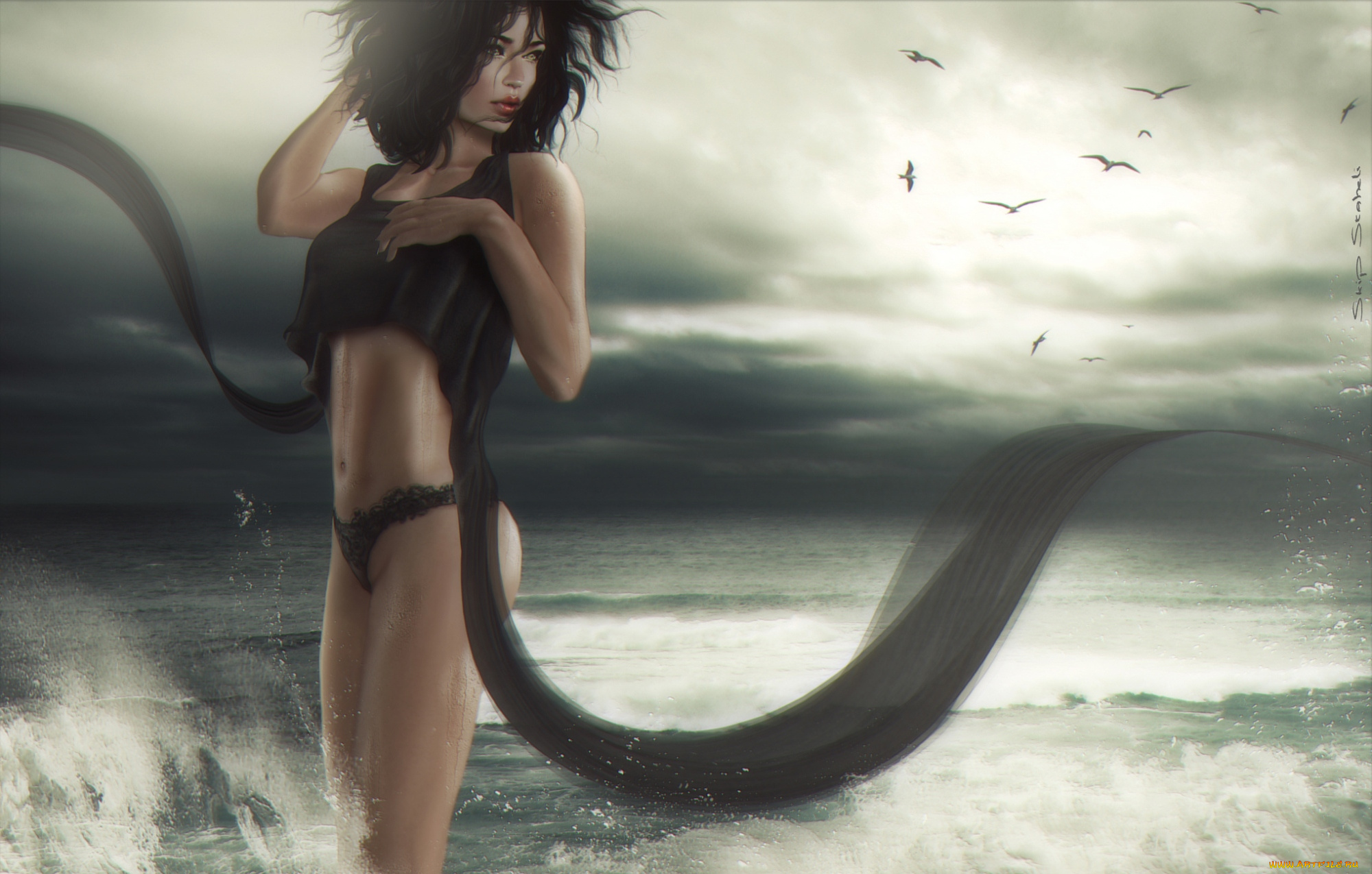 3д, графика, people, люди, море, девушка, птицы