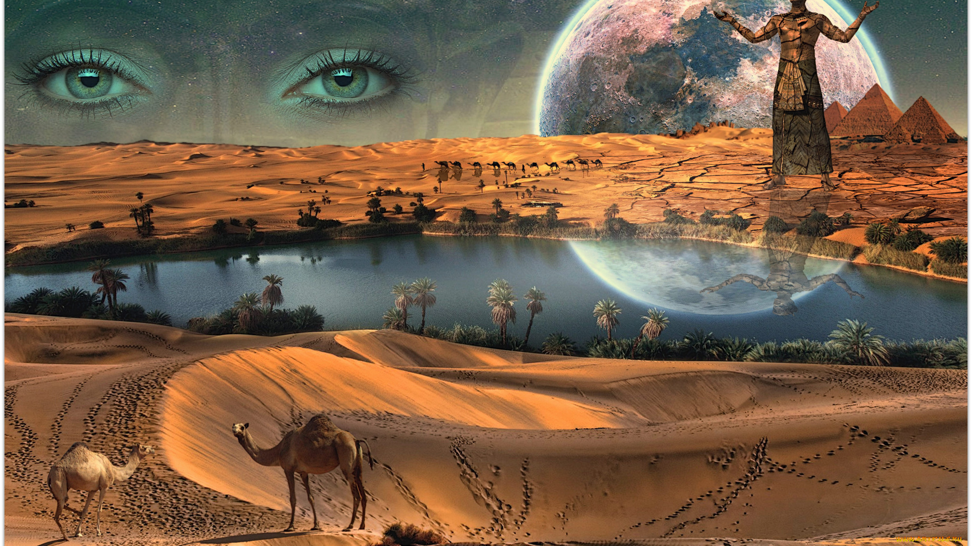 фэнтези, пейзажи, пустыня, фараон, луна, оазис, пирамиды, караван.