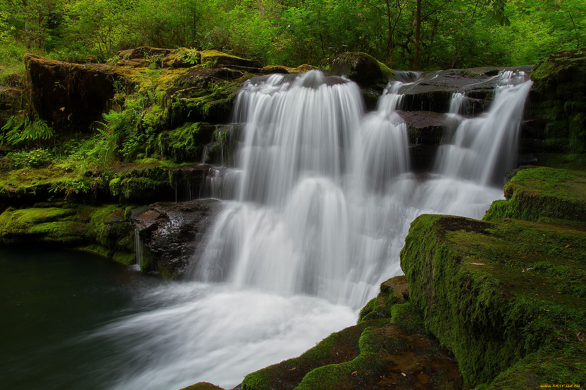 природа, водопады, деревья, скалы, мох