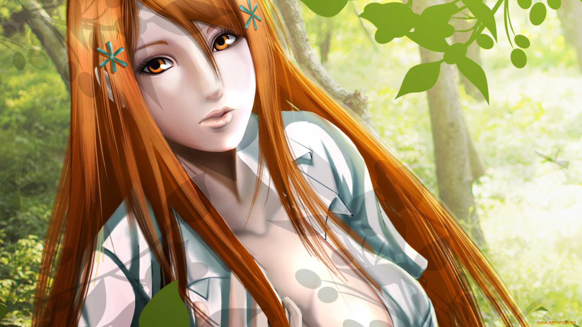 аниме, bleach, длинные, волосы, взгляд, inoue, orihime, девушка, лето, листья, деревья, рубашка, грудь, рука