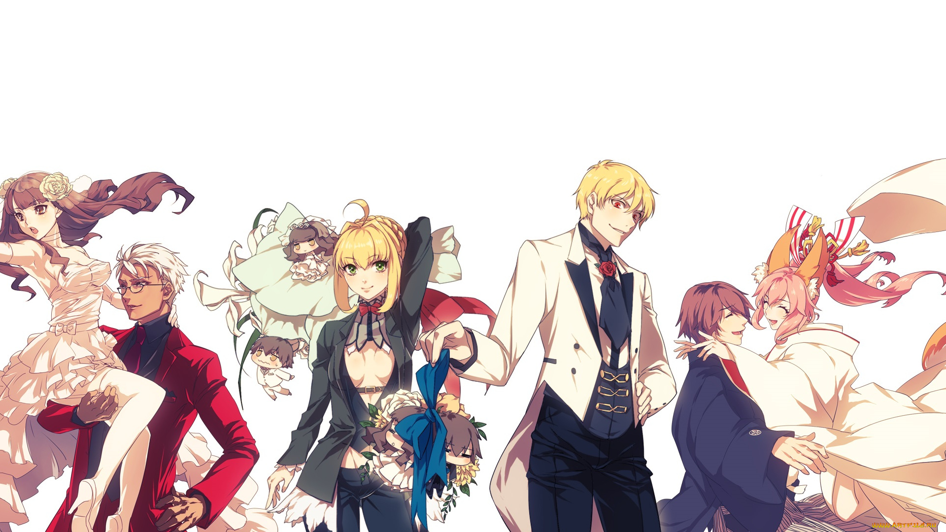 аниме, fate, stay, night, мужчины, пары, белый, фон, extra, арт, девушки