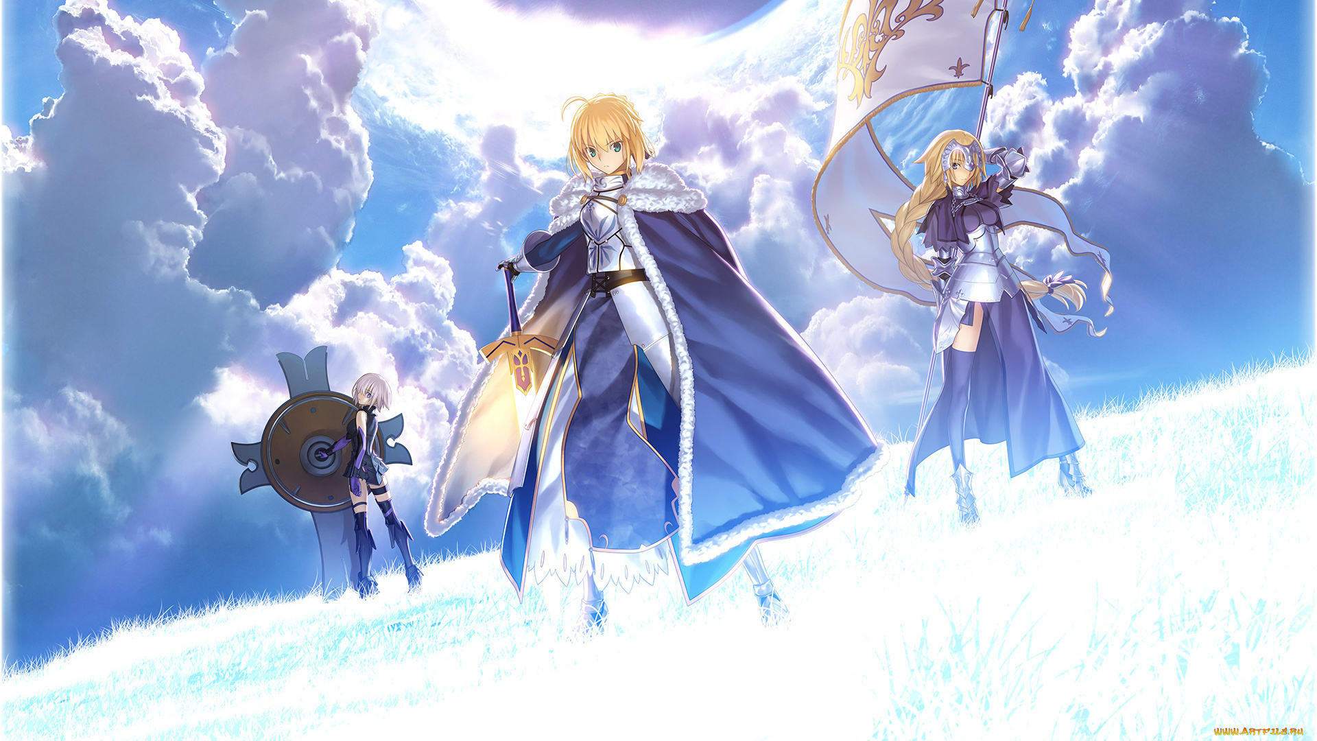 аниме, fate, stay, night, оружие, облака, небо, девушки