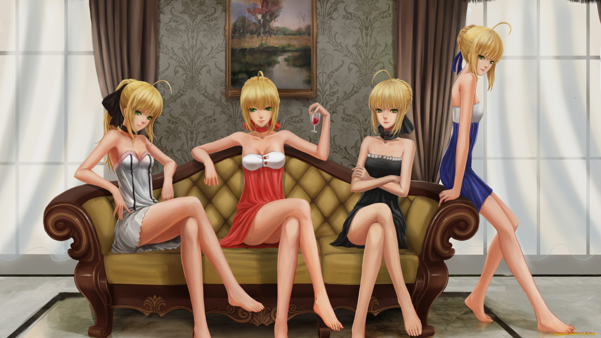 аниме, fate, stay, night, saber, блондинки, арт, девушки, занавески, диван, комната, картина, окна