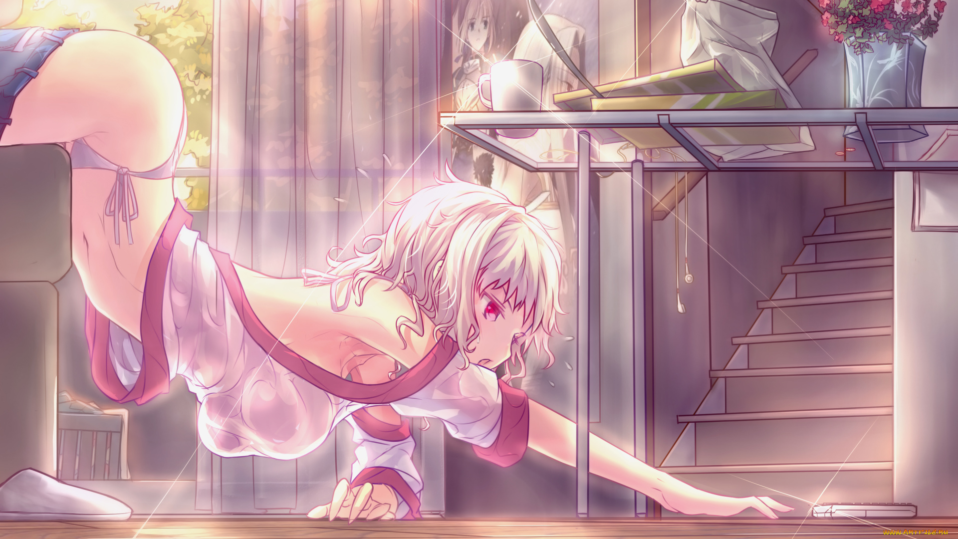 аниме, fate, stay, night, телефон, наушники, цветы, комната, арт, стол, окно, девушка, плакат, лестница, кружка, занавески