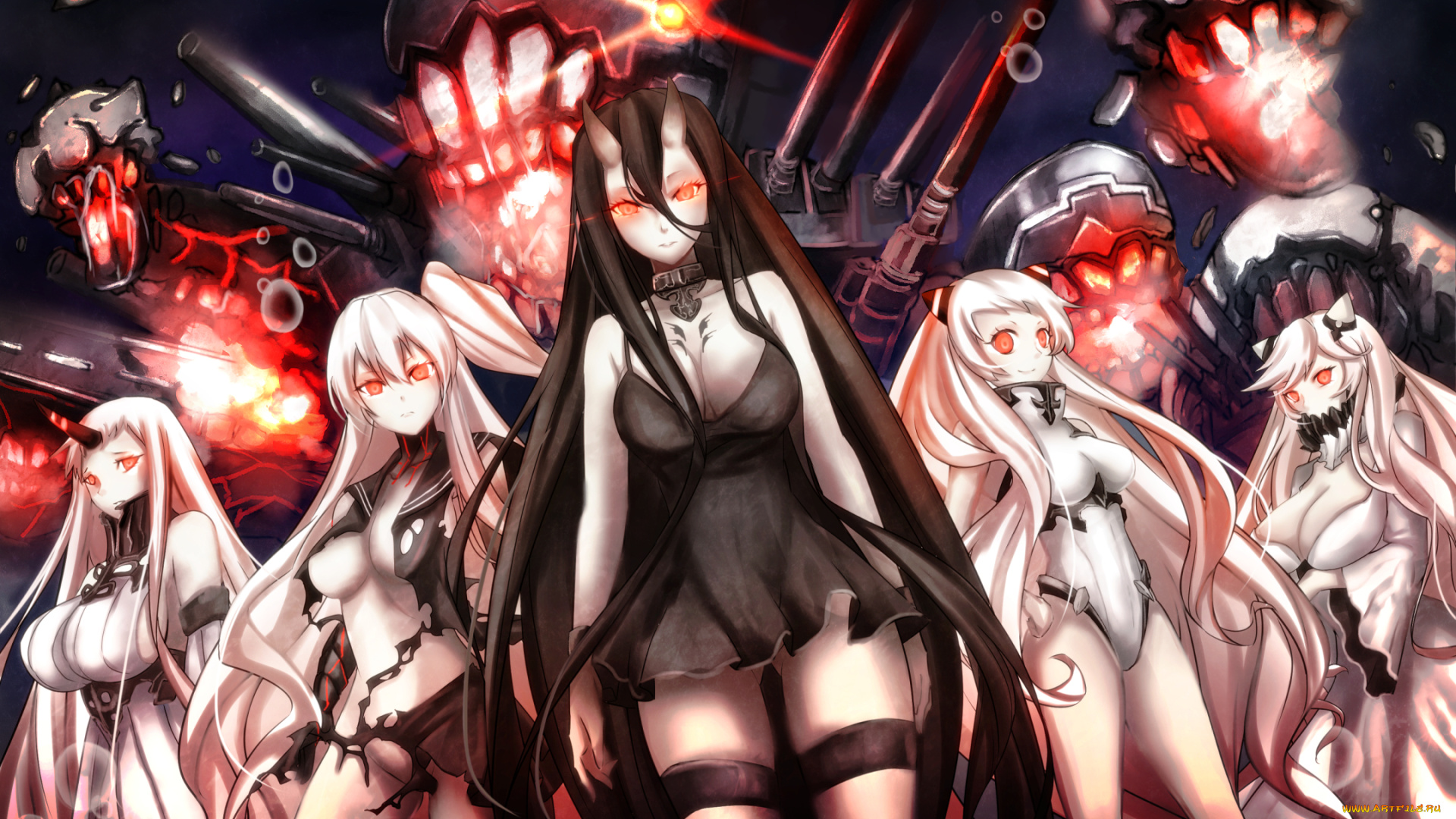 аниме, kantai, collection, battleship-symbiotic, hime, airfield, недовольство, улыбка, aircraft, carrier, oni, магия, оружие, взгляд, seaport, девушки, untsue, art, midway, грудь, kantai, collection