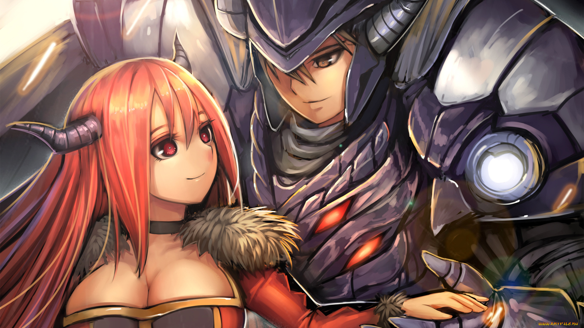 аниме, maoyuu, maou, yuusha, maou, maoyuu, yuusha, akizone, арт, доспех, рога, грудь, парень, девушка