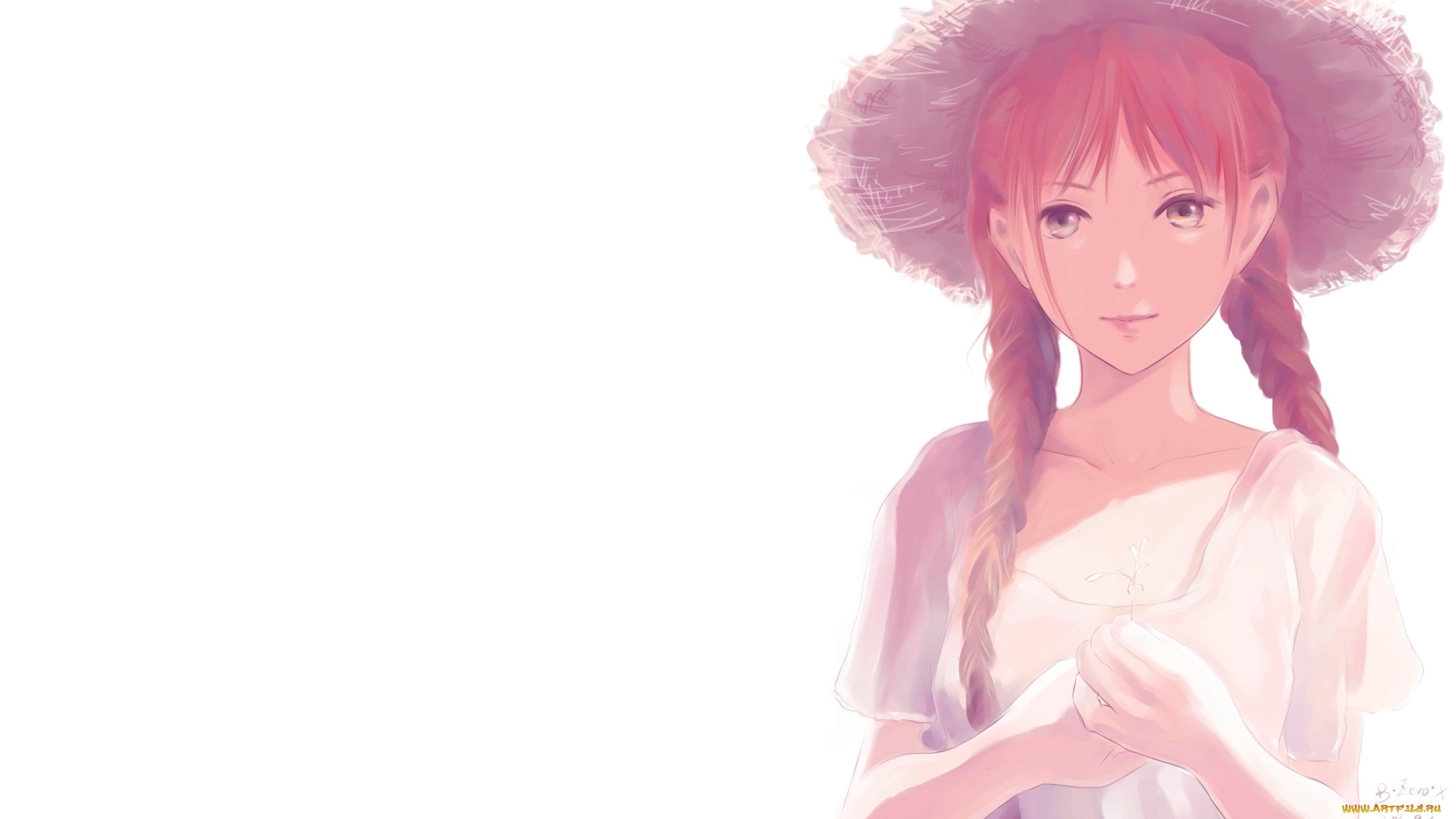 аниме, *unknown, , другое, белый, фон, взгляд, девочка, соломенная, шляпа, косы, арт