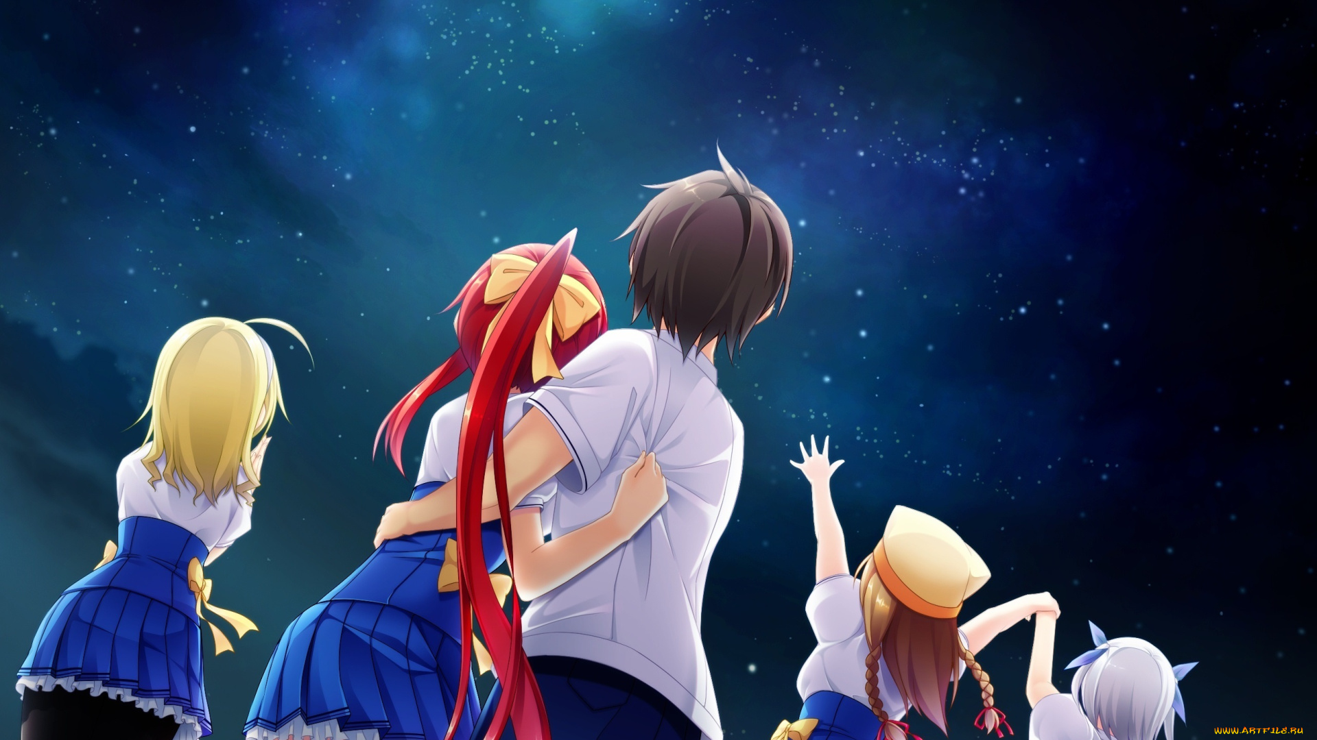 аниме, *unknown, , другое, девушки, школьники, ibuki, naduna, akatsuki, arisa, reimei, kaho, форма, звезды, ночь, небо, michibiki, honoka, ano, harewataru, sora, yori, takaku, chiri, арт, atlanta, парень