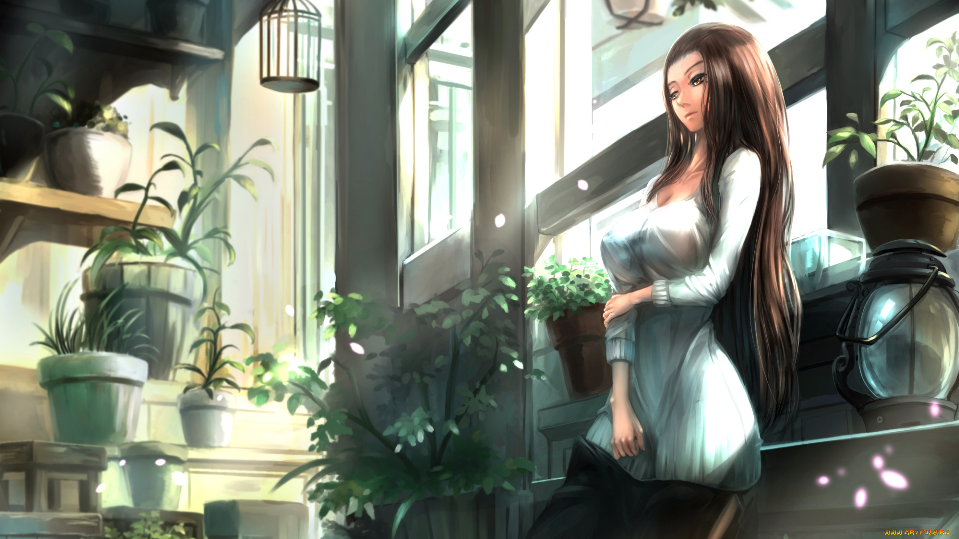 аниме, *unknown, , другое, лепестки, клетка, цветы, грусть, art, kikivi, девушка