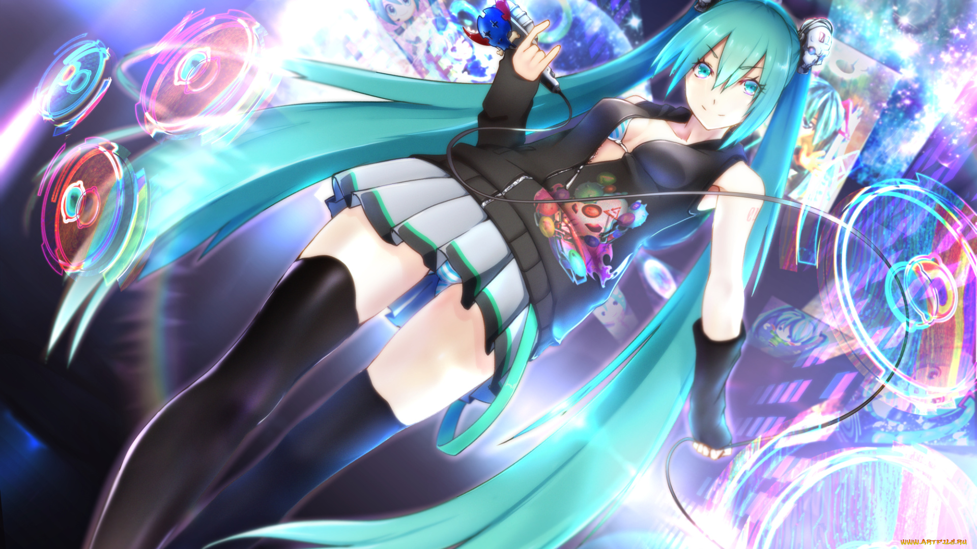 аниме, vocaloid, вокалоид, микрофон, трусики, грудь, улыбка, art, взгляд, hatsune, miku, девушка, big, g