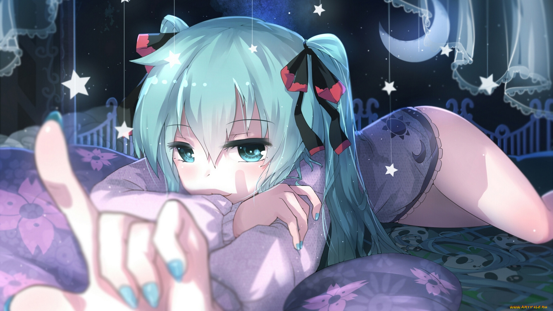 аниме, vocaloid, вокалоид, постель, лежит, жест, улыбка, взгляд, hatsune, miku, девушка, sen, ya, art