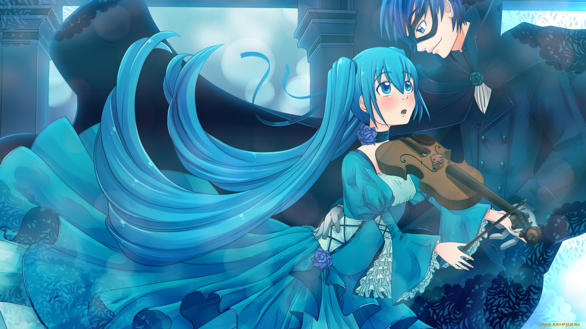 аниме, vocaloid, вокалоид, танец, музыка, hatsune, miku, девушка, скрипка, парень, kaito, настроение, улыбка