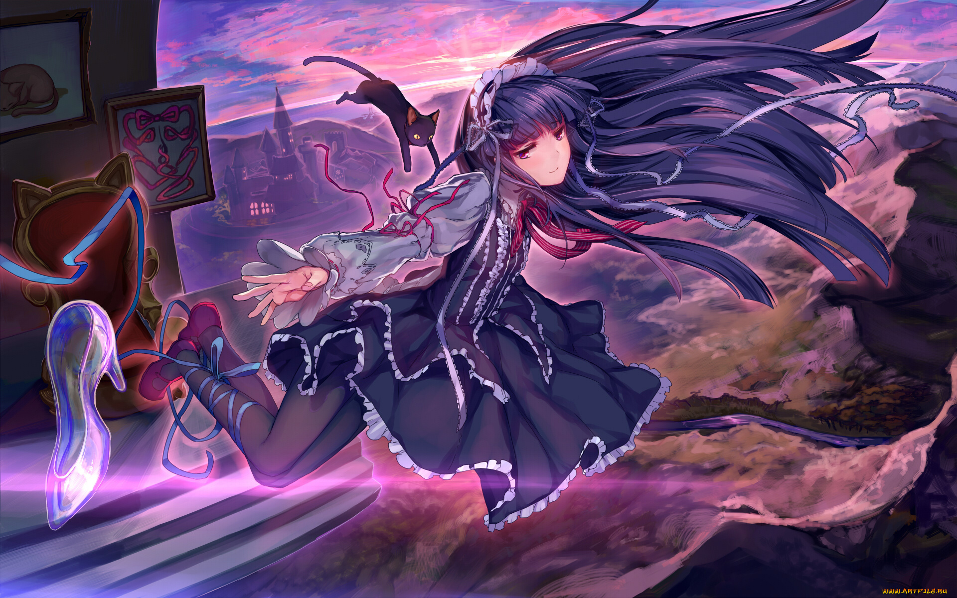 аниме, idolm@ster, art, idolmaster, замок, туфелька, кошка, полет, улыбка, sajou, yukimi, взгляд, девушка, nemeko